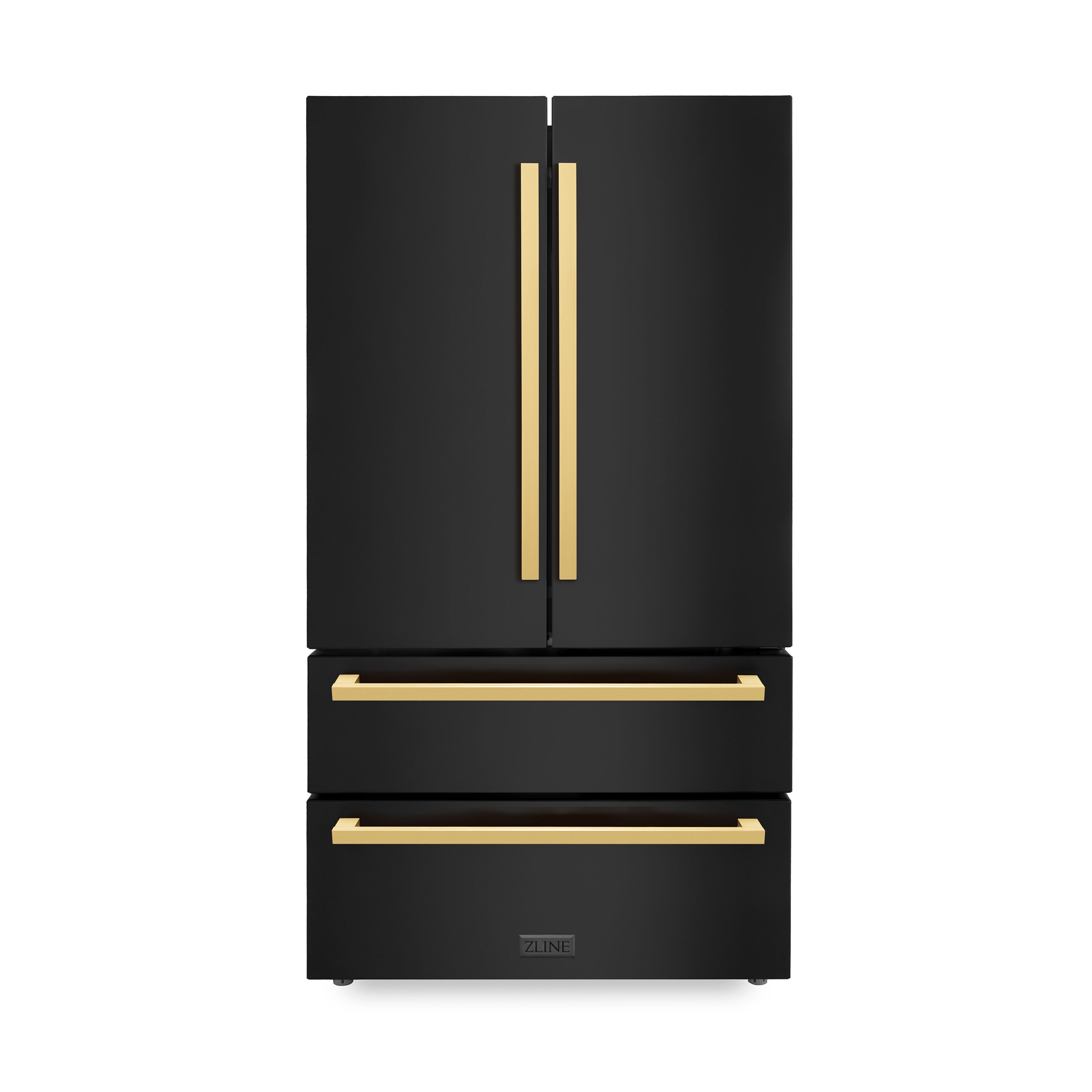 Refrigerador de puerta francesa de 4 puertas con dispensador de hielo y agua (Acero inoxidable negro con manija dorada pulida plana) de ZLINE KITCHEN & BATH de 21.6 pies cúbicos de profundidad de mostrador, certificado ENERGY STAR RFMZ-36-BS-FG