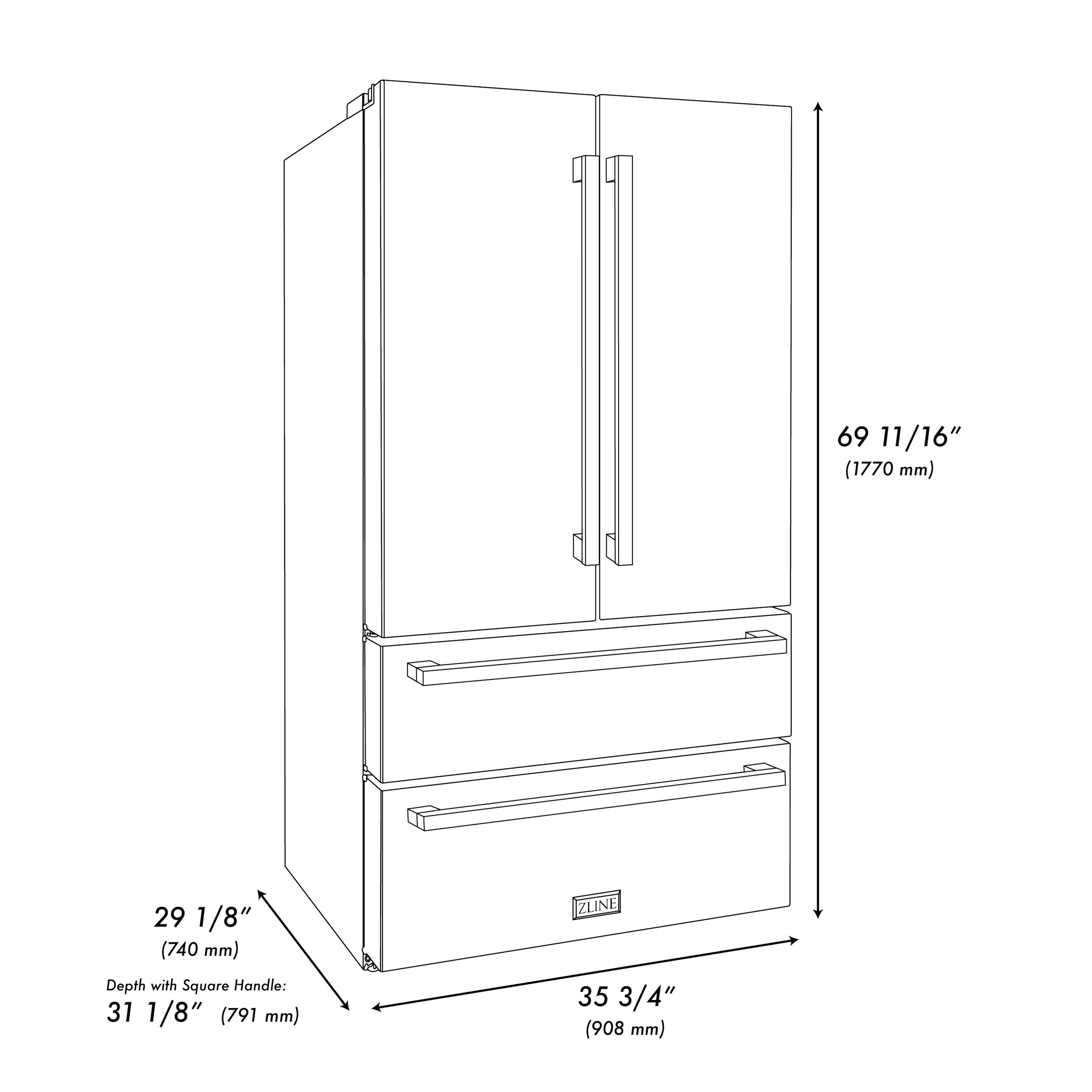 Refrigerador de puerta francesa de 4 puertas con dispensador de hielo y agua (Acero inoxidable negro con manija dorada pulida plana) de ZLINE KITCHEN & BATH de 21.6 pies cúbicos de profundidad de mostrador, certificado ENERGY STAR RFMZ-36-BS-FG