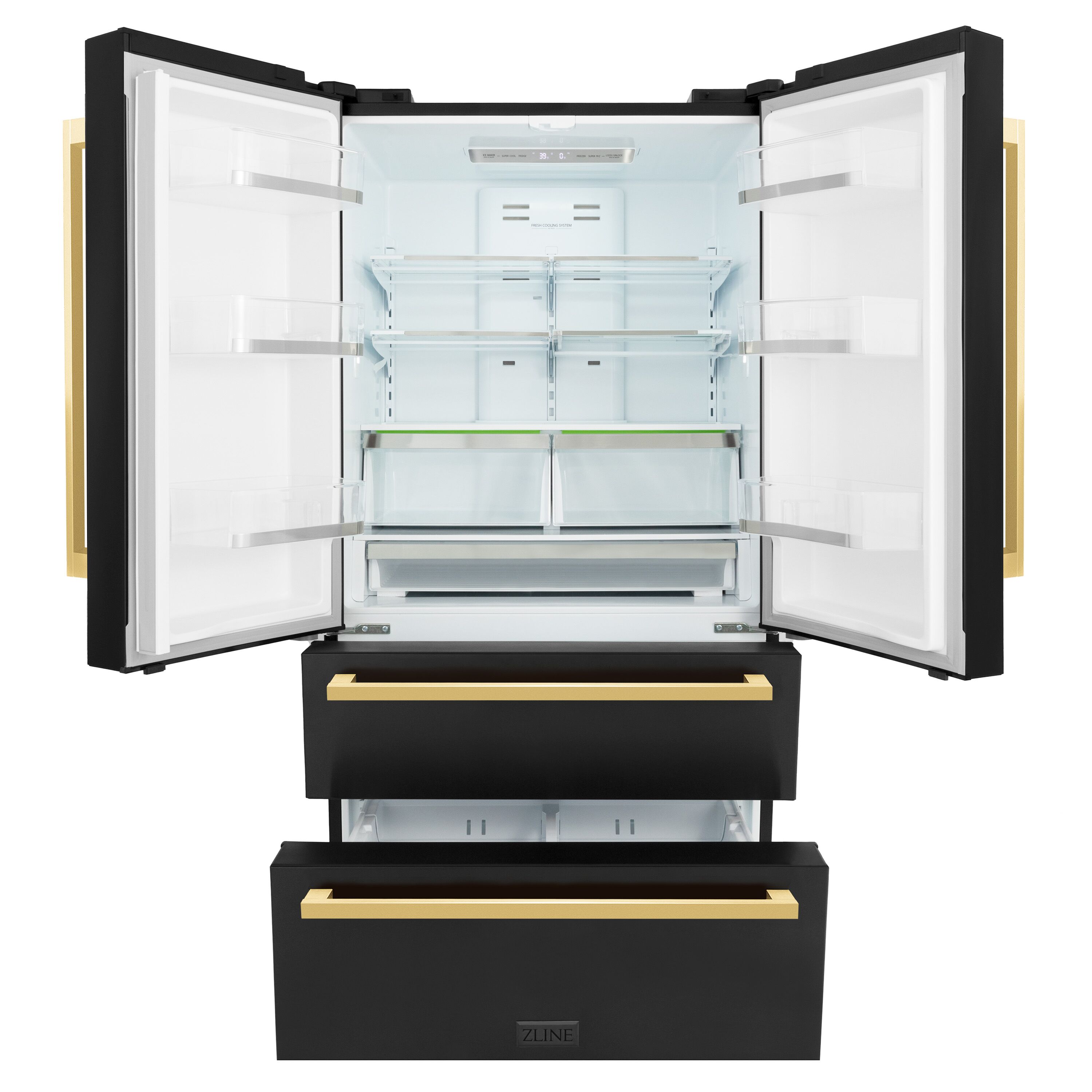Refrigerador de puerta francesa de 4 puertas con dispensador de hielo y agua (Acero inoxidable negro con manija dorada pulida plana) de ZLINE KITCHEN & BATH de 21.6 pies cúbicos de profundidad de mostrador, certificado ENERGY STAR RFMZ-36-BS-FG
