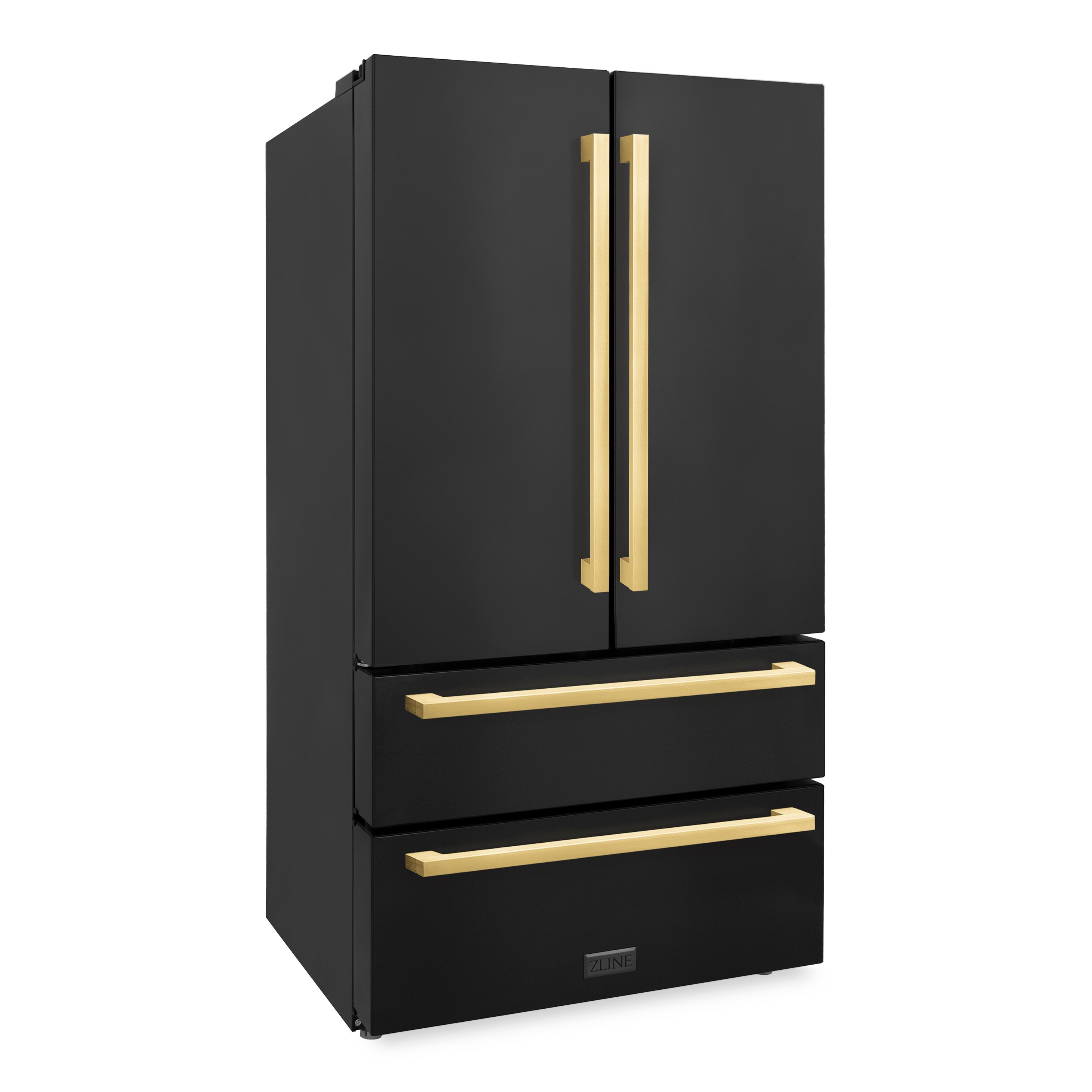 Refrigerador de puerta francesa de 4 puertas con dispensador de hielo y agua (Acero inoxidable negro con manija dorada pulida plana) de ZLINE KITCHEN & BATH de 21.6 pies cúbicos de profundidad de mostrador, certificado ENERGY STAR RFMZ-36-BS-FG