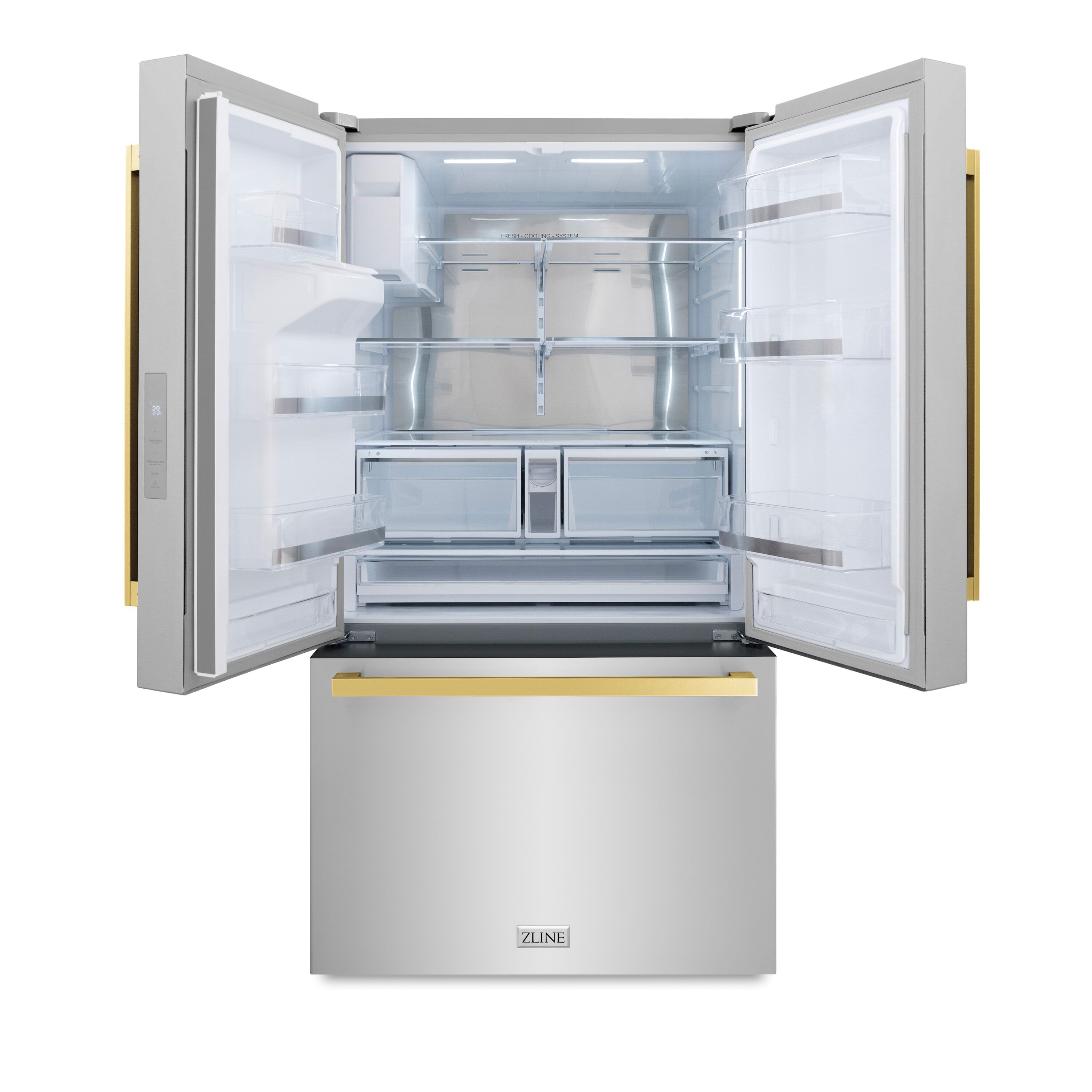 Refrigerador de Puertas Francesas de 3 Puertas con Hielera y Dispensador de Agua y Hielo (Acero Inoxidable con Mango Dorado Plano) Certificado ENERGY STAR - Profundidad Estándar de 28.9 pies cúbicos - Modelo RSMZ-W-36-FG