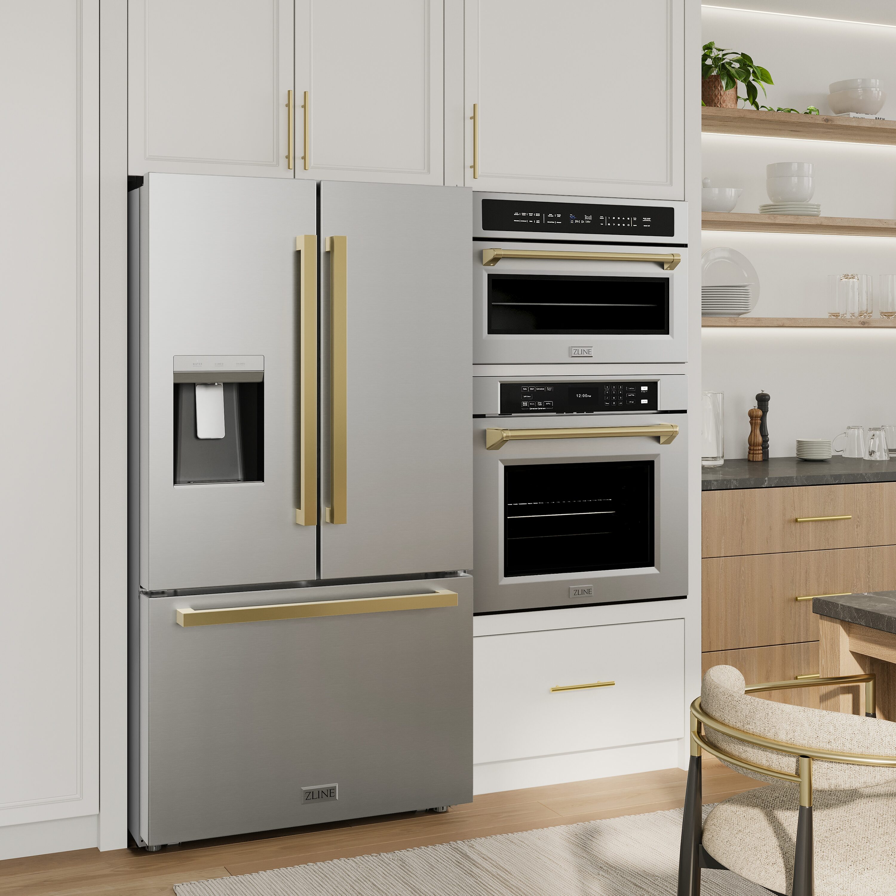 Refrigerador de Puertas Francesas de 3 Puertas con Hielera y Dispensador de Agua y Hielo (Acero Inoxidable con Mango Dorado Plano) Certificado ENERGY STAR - Profundidad Estándar de 28.9 pies cúbicos - Modelo RSMZ-W-36-FG