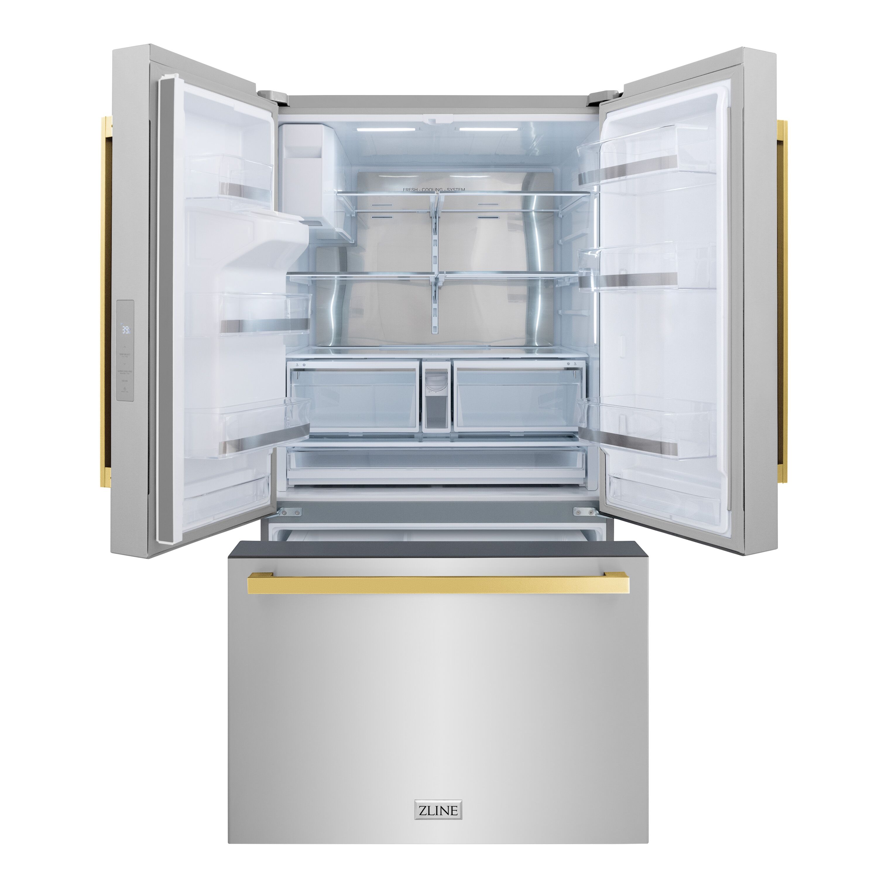 Refrigerador de Puertas Francesas de 3 Puertas con Hielera y Dispensador de Agua y Hielo (Acero Inoxidable con Mango Dorado Plano) Certificado ENERGY STAR - Profundidad Estándar de 28.9 pies cúbicos - Modelo RSMZ-W-36-FG