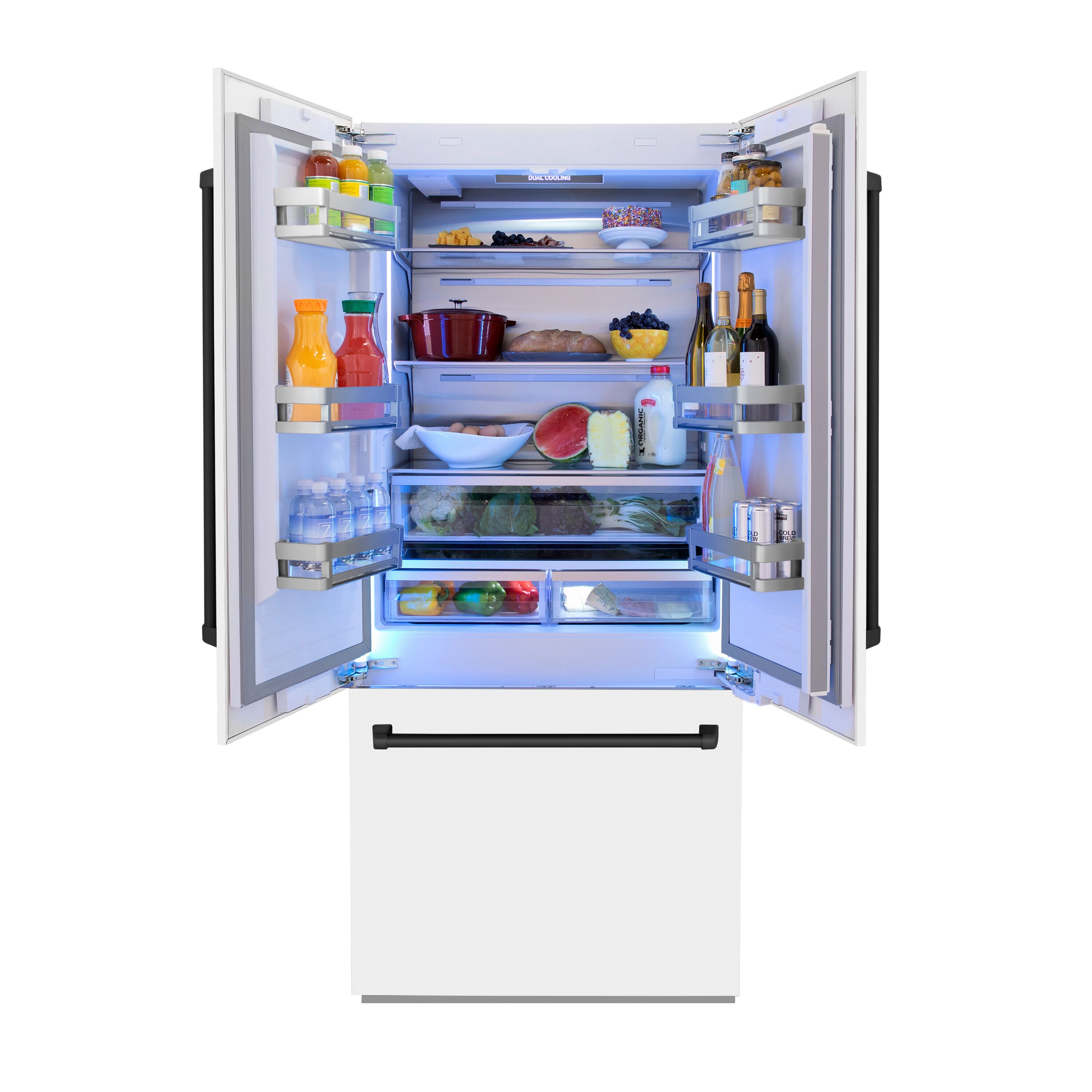 Refrigerador Empotrable de Puerta Francesa con Dispensador de Hielo y Agua (Acero Inoxidable con Puerta Blanca Mate y Mango de Acento Negro Mate) ENERGY STAR Certificado 19.6 pies cúbicos de Profundidad de Mostrador de ZLINE KITCHEN & BATH