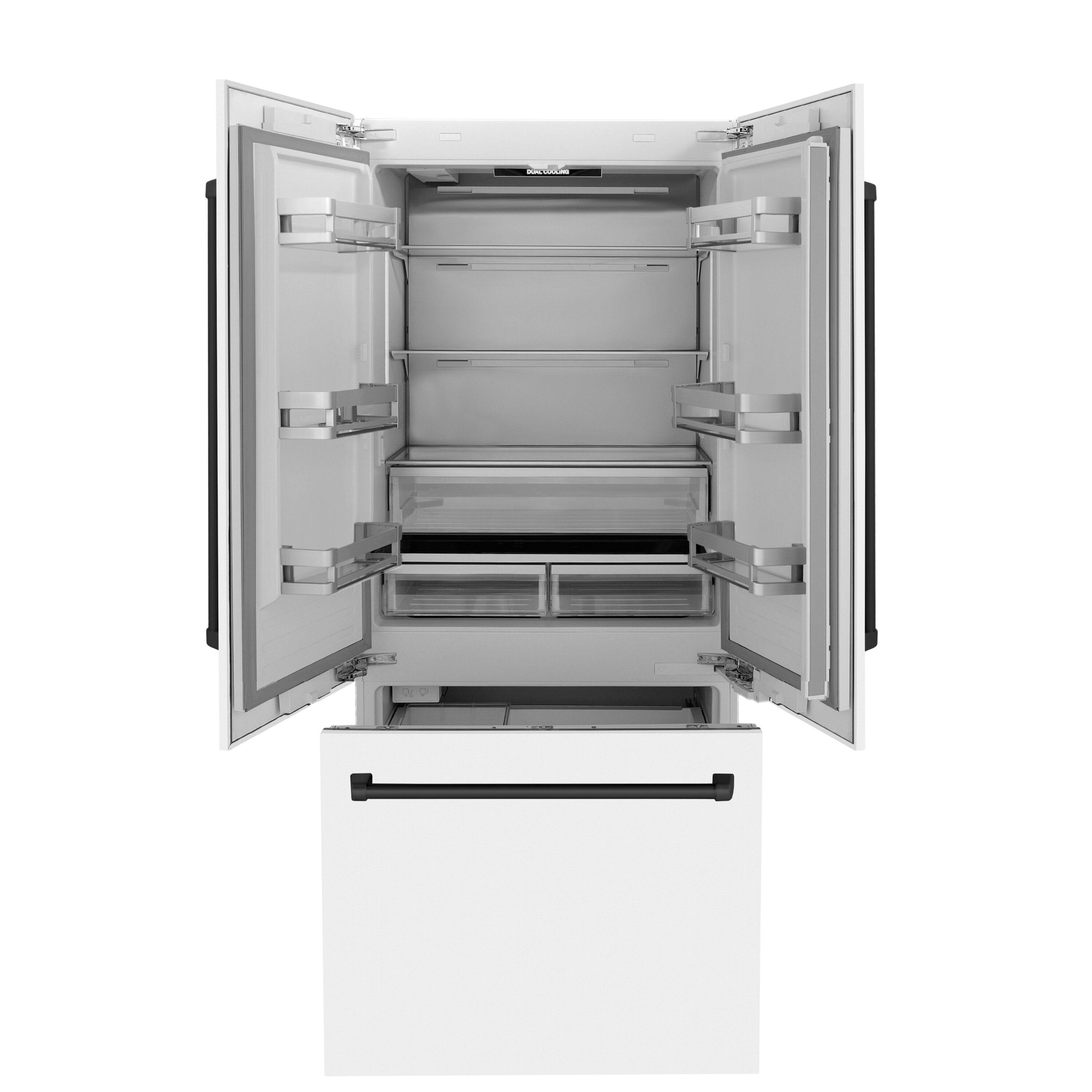 Refrigerador Empotrable de Puerta Francesa con Dispensador de Hielo y Agua (Acero Inoxidable con Puerta Blanca Mate y Mango de Acento Negro Mate) ENERGY STAR Certificado 19.6 pies cúbicos de Profundidad de Mostrador de ZLINE KITCHEN & BATH