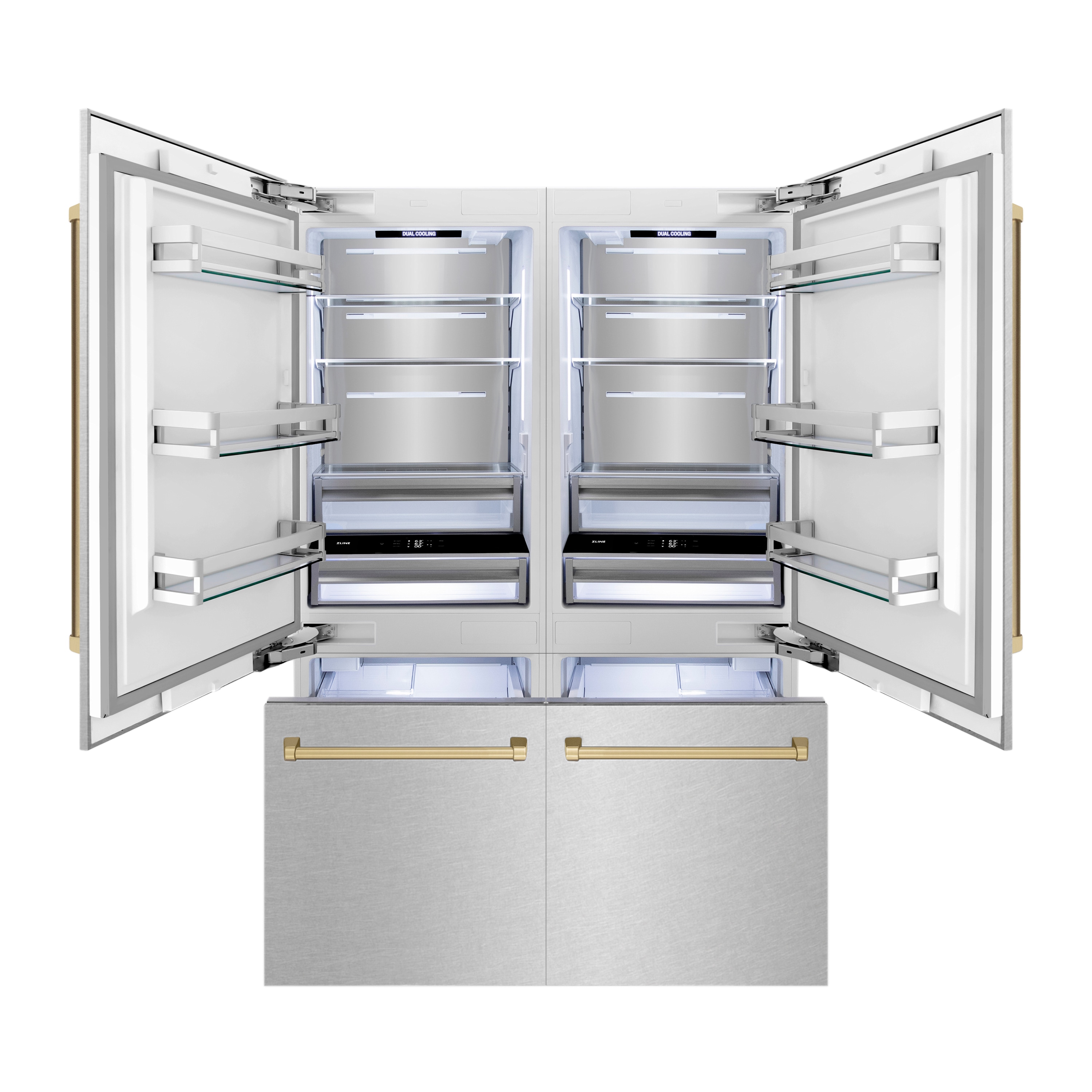 Refrigerador Empotrado de Puertas Francesas con Dispensador de Hielo y Agua (Acero Inoxidable Resistente a las Huellas Dactilares con Manijas de Bronce Champagne) con Certificación ENERGY STAR