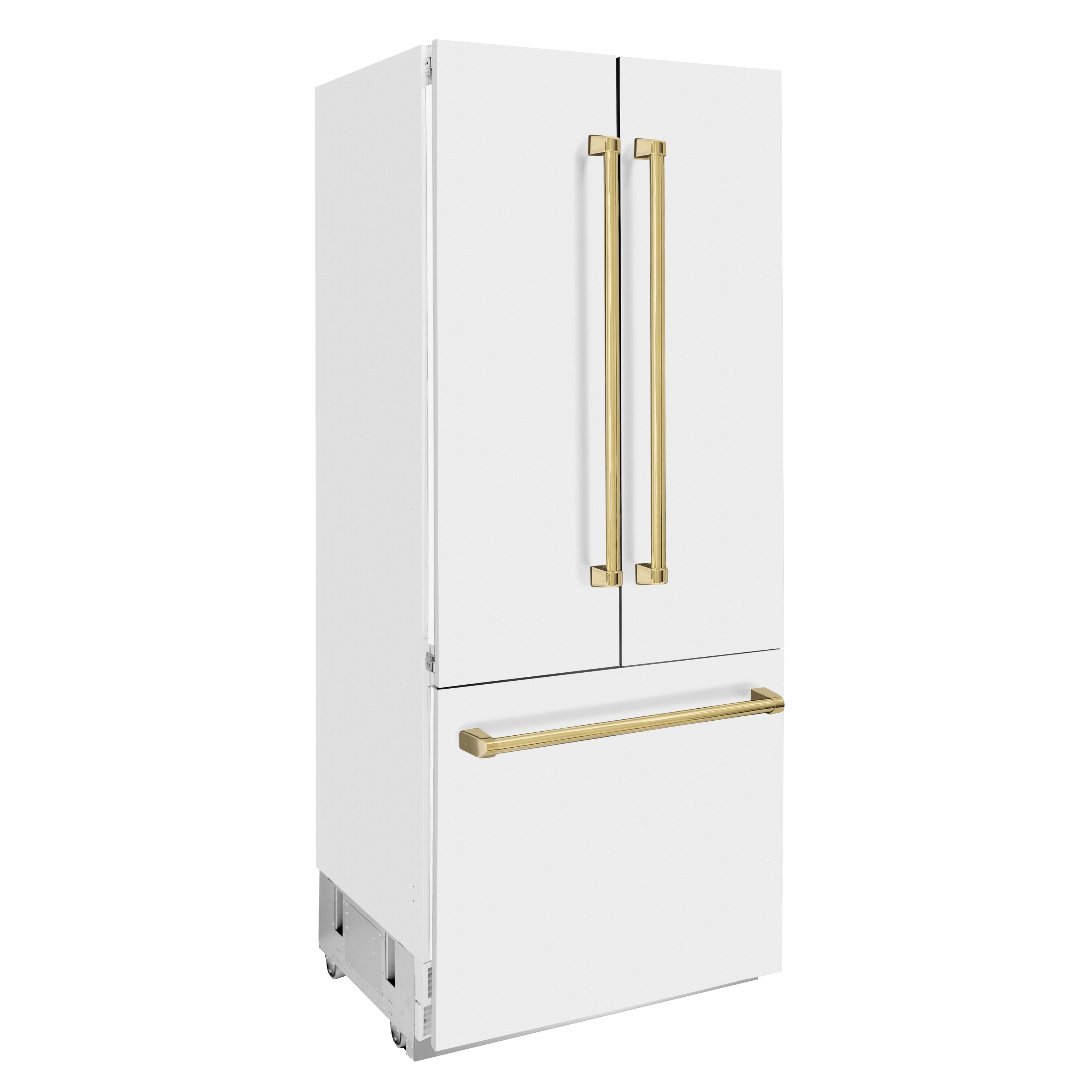 Refrigerador empotrado de puertas francesas con dispensador de hielo y agua (Acero inoxidable con puerta blanca mate y mango dorado pulido) con certificación ENERGY STAR de ZLINE KITCHEN & BATH de 19.6 pies cúbicos y 3 puertas de profundidad de mostrador.