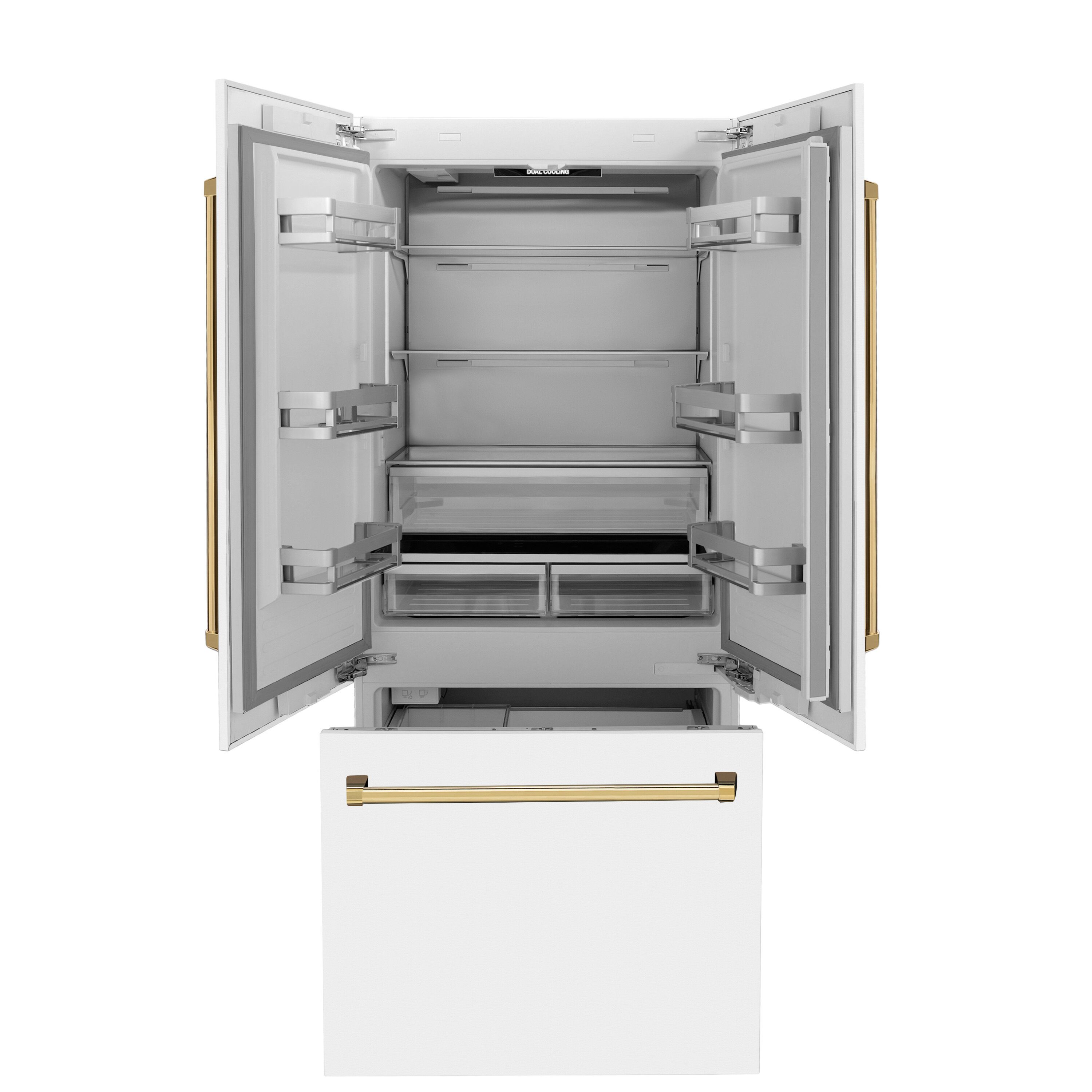Refrigerador empotrado de puertas francesas con dispensador de hielo y agua (Acero inoxidable con puerta blanca mate y mango dorado pulido) con certificación ENERGY STAR de ZLINE KITCHEN & BATH de 19.6 pies cúbicos y 3 puertas de profundidad de mostrador.