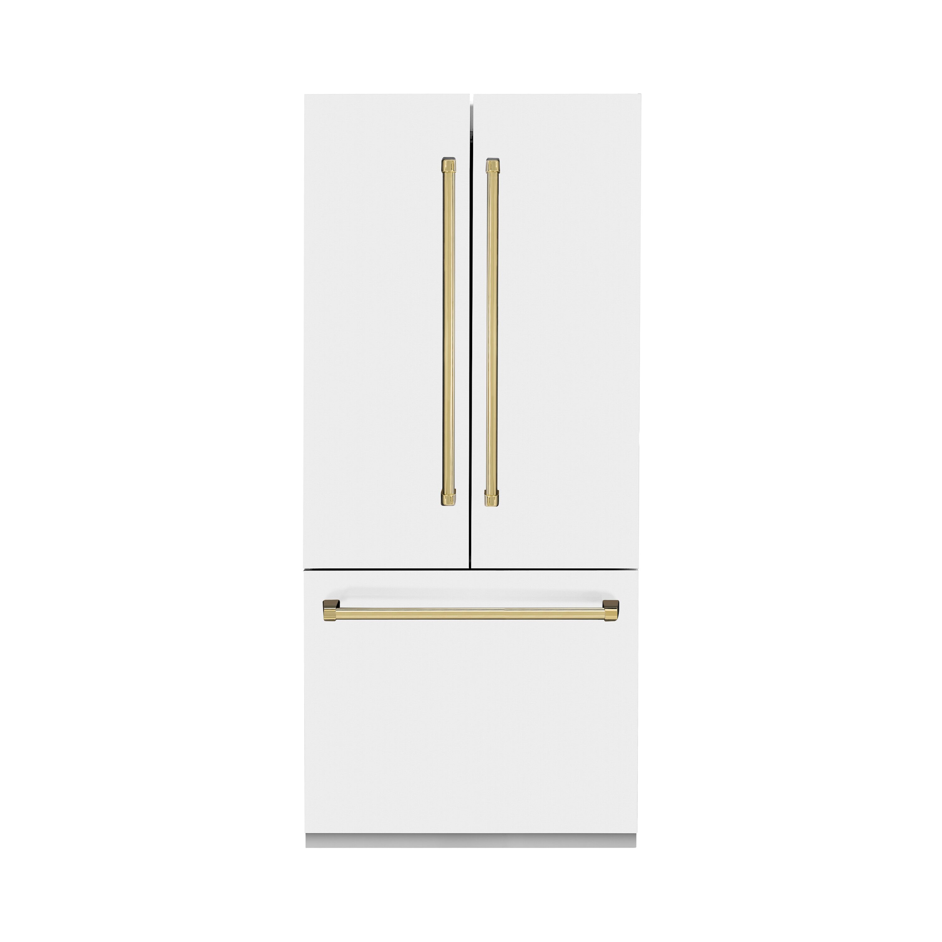 Refrigerador empotrado de puertas francesas con dispensador de hielo y agua (Acero inoxidable con puerta blanca mate y mango dorado pulido) con certificación ENERGY STAR de ZLINE KITCHEN & BATH de 19.6 pies cúbicos y 3 puertas de profundidad de mostrador.