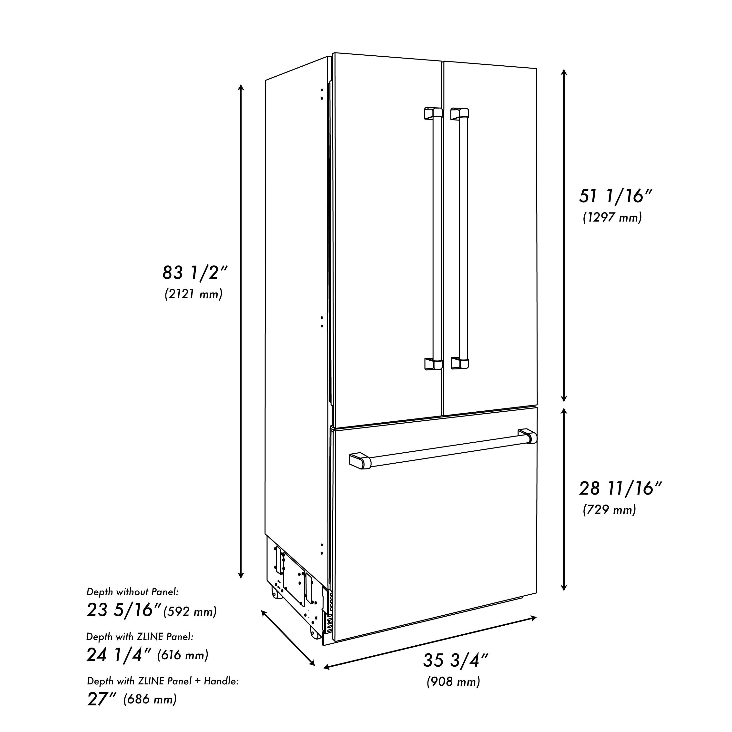Refrigerador empotrado de puertas francesas con dispensador de hielo y agua (Acero inoxidable con puerta blanca mate y mango dorado pulido) con certificación ENERGY STAR de ZLINE KITCHEN & BATH de 19.6 pies cúbicos y 3 puertas de profundidad de mostrador.