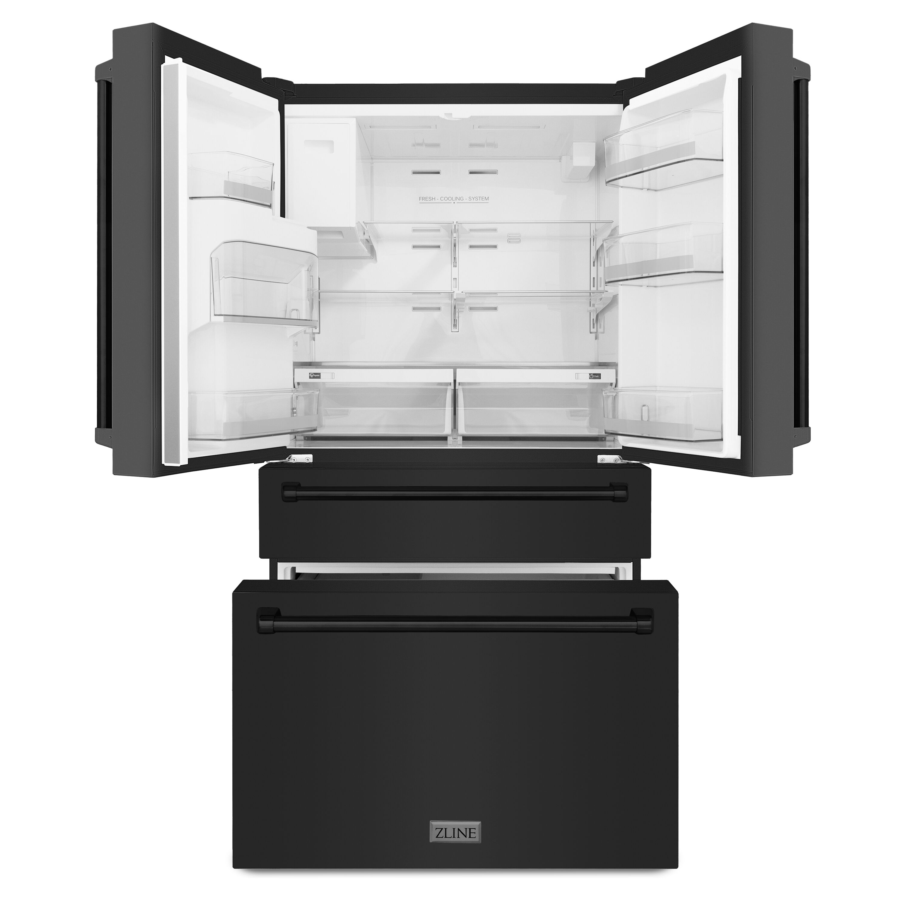 Refrigerador Francés de Puerta Doble de 4 Puertas con Dispensador de Agua y Doble Fabricante de Hielo de ZLINE KITCHEN & BATH (Acero Inoxidable Negro Resistente a las Huellas Digitales) Certificado por ENERGY STAR con una Profundidad de Encimera de 21.6 pies cúbicos RFM-W-WF-36-BS