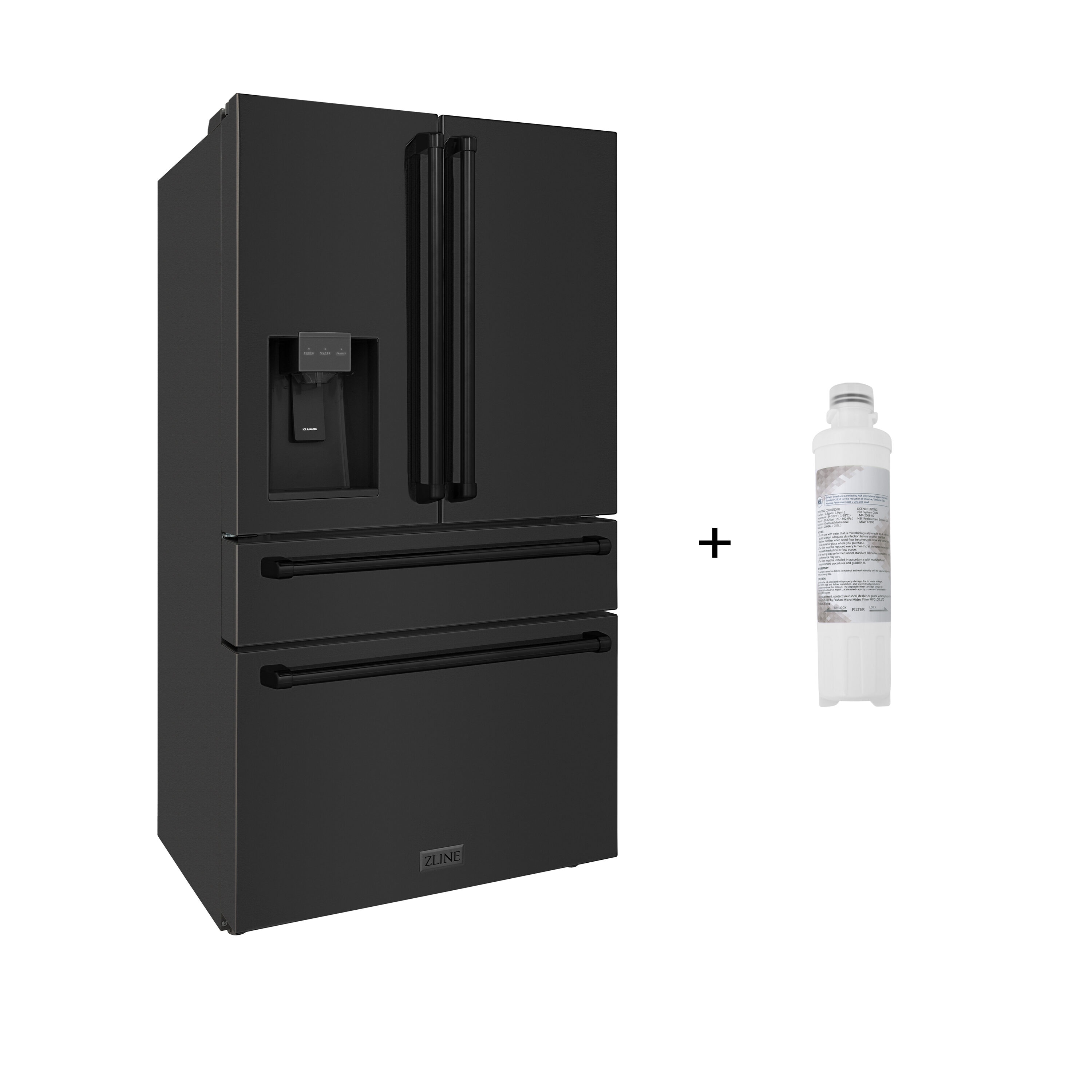 Refrigerador Francés de Puerta Doble de 4 Puertas con Dispensador de Agua y Doble Fabricante de Hielo de ZLINE KITCHEN & BATH (Acero Inoxidable Negro Resistente a las Huellas Digitales) Certificado por ENERGY STAR con una Profundidad de Encimera de 21.6 pies cúbicos RFM-W-WF-36-BS