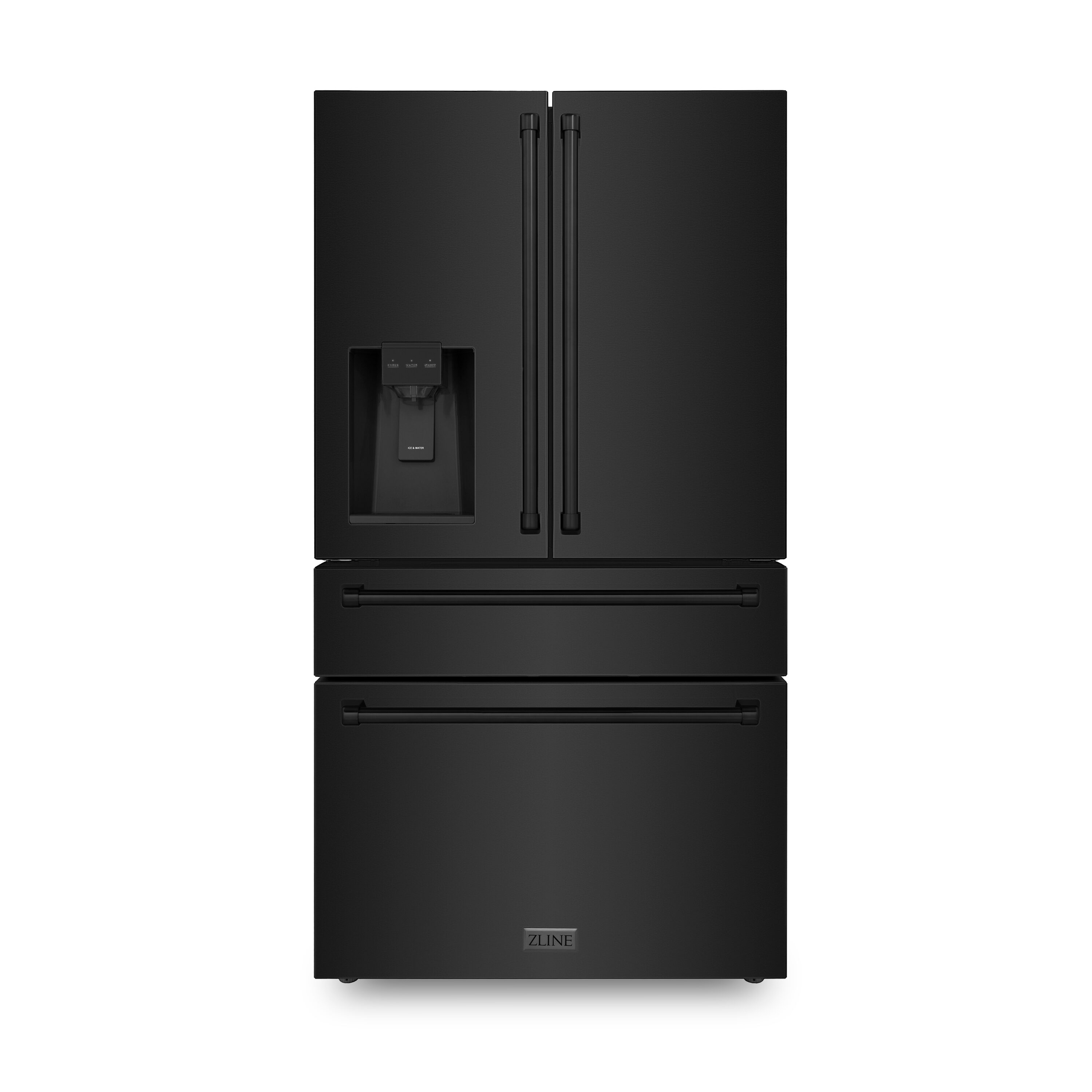 Refrigerador Francés de Puerta Doble de 4 Puertas con Dispensador de Agua y Doble Fabricante de Hielo de ZLINE KITCHEN & BATH (Acero Inoxidable Negro Resistente a las Huellas Digitales) Certificado por ENERGY STAR con una Profundidad de Encimera de 21.6 pies cúbicos RFM-W-WF-36-BS