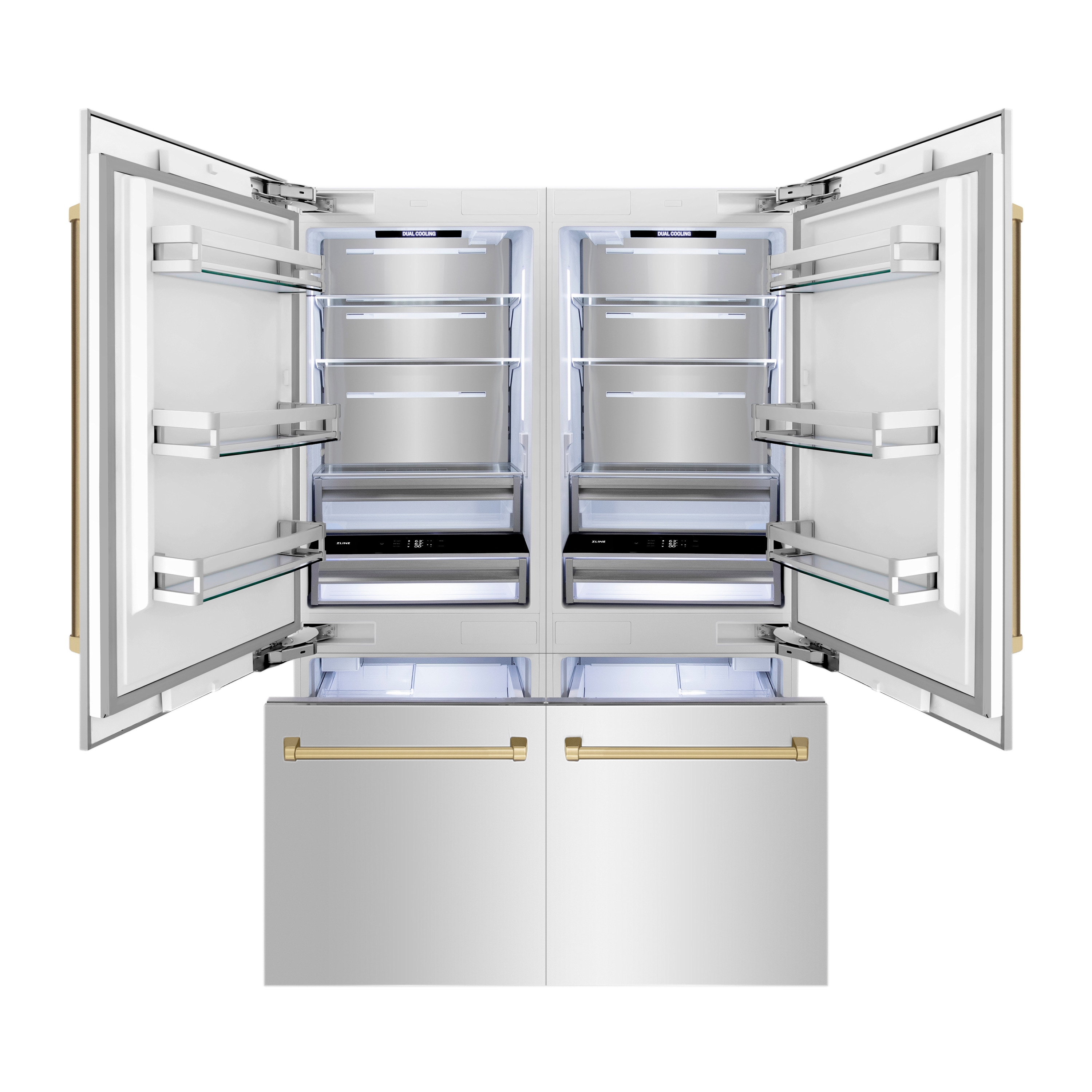 Refrigerador empotrado de puertas francesas de 4 puertas ZLINE KITCHEN & BATH Counter-Depth Autograph Edition de 32.2 pies cúbicos con fabricador de hielo y dispensador de agua (acero inoxidable con manijas de bronce champán) Certificado ENERGY STAR RBIVZ-304-60-CB