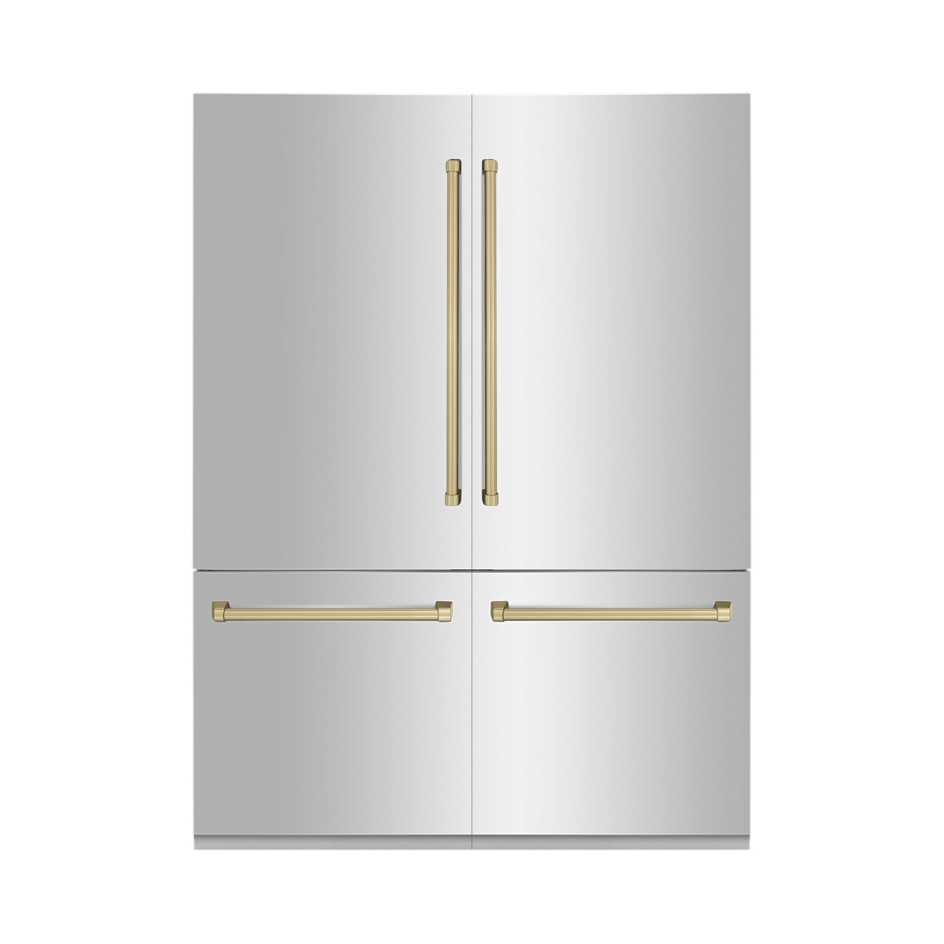 Refrigerador empotrado de puertas francesas de 4 puertas ZLINE KITCHEN & BATH Counter-Depth Autograph Edition de 32.2 pies cúbicos con fabricador de hielo y dispensador de agua (acero inoxidable con manijas de bronce champán) Certificado ENERGY STAR RBIVZ-304-60-CB