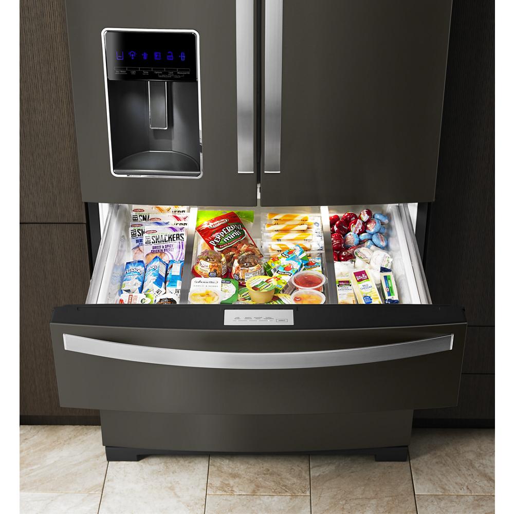 Refrigerador Francés de 4 Puertas de 26.2 pies cúbicos de Profundidad Estándar con Fabricador de Hielo, Dispensador de Agua y Hielo (Acero Inoxidable Negro Resistente a las Huellas Dactilares)