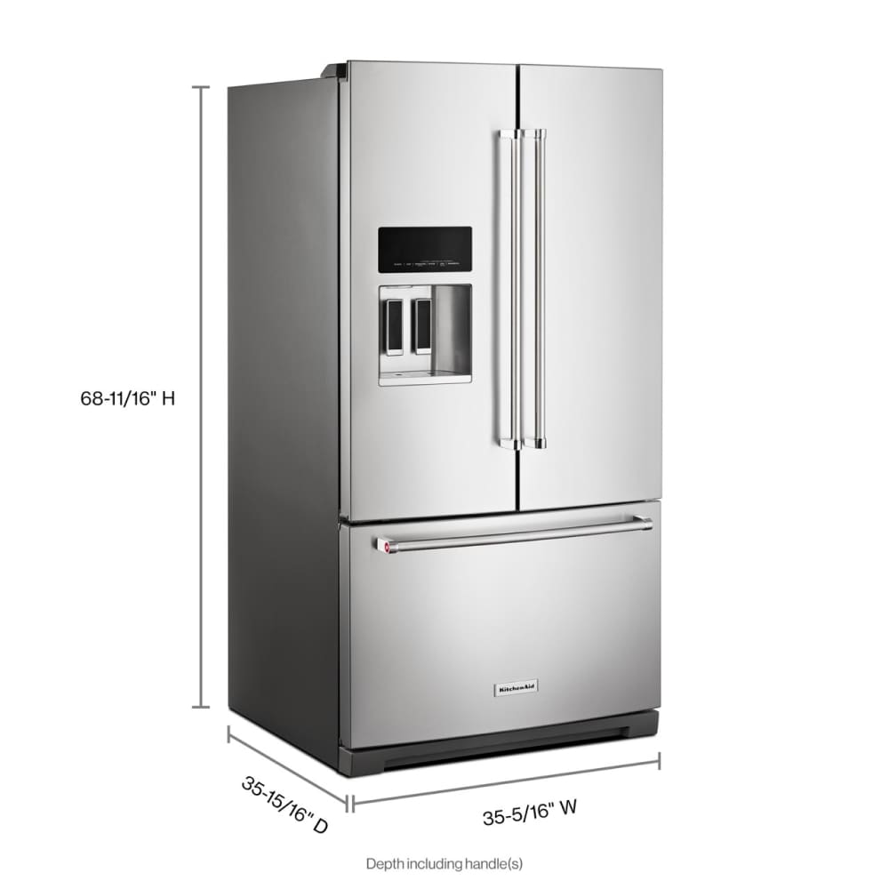 Refrigerador French Door de 3 puertas con máquina de hielo y dispensador de agua y hielo, acero inoxidable con acabado PrintShield - KitchenAid 27 pies cúbicos de profundidad estándar, certificado ENERGY STAR KRFF577KPS