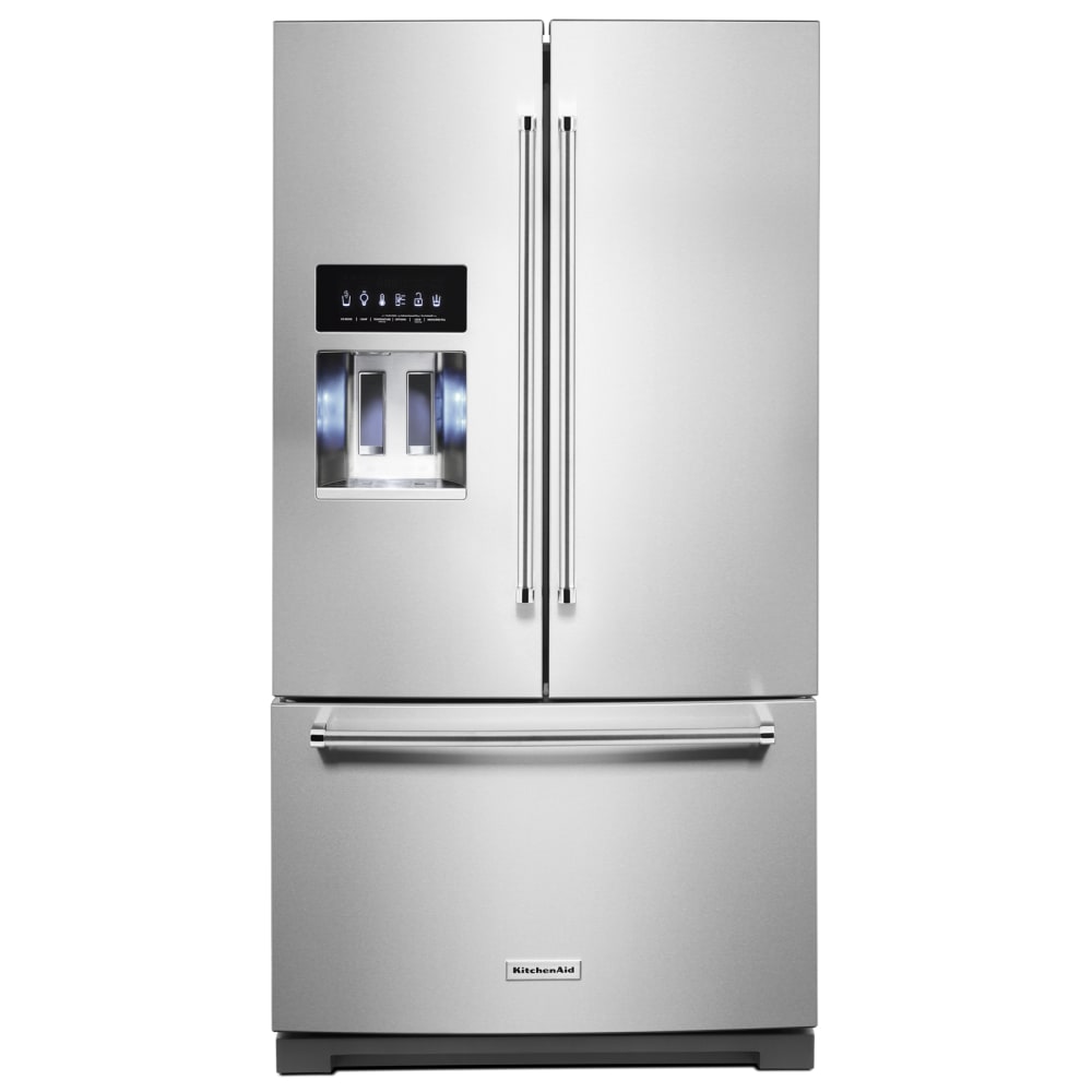 Refrigerador French Door de 3 puertas con máquina de hielo y dispensador de agua y hielo, acero inoxidable con acabado PrintShield - KitchenAid 27 pies cúbicos de profundidad estándar, certificado ENERGY STAR KRFF577KPS