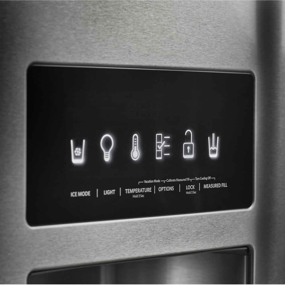 Refrigerador French Door de 3 puertas con máquina de hielo y dispensador de agua y hielo, acero inoxidable con acabado PrintShield - KitchenAid 27 pies cúbicos de profundidad estándar, certificado ENERGY STAR KRFF577KPS