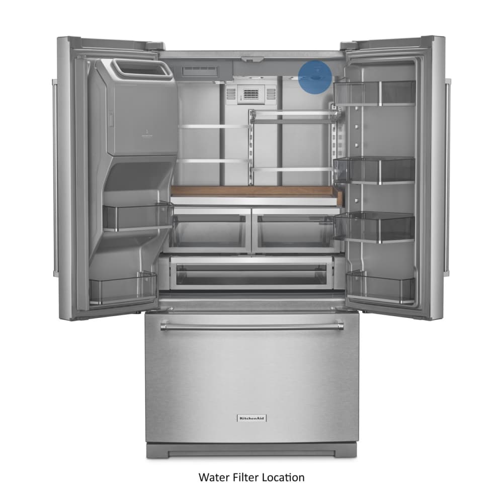 Refrigerador French Door de 3 puertas con máquina de hielo y dispensador de agua y hielo, acero inoxidable con acabado PrintShield - KitchenAid 27 pies cúbicos de profundidad estándar, certificado ENERGY STAR KRFF577KPS