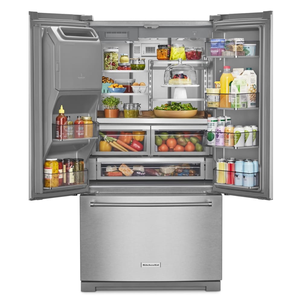 Refrigerador French Door de 3 puertas con máquina de hielo y dispensador de agua y hielo, acero inoxidable con acabado PrintShield - KitchenAid 27 pies cúbicos de profundidad estándar, certificado ENERGY STAR KRFF577KPS