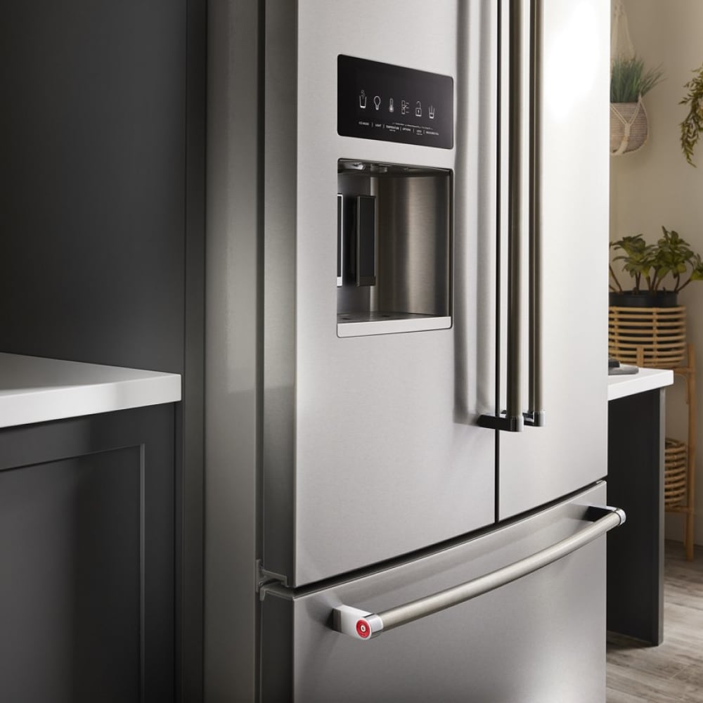 Refrigerador French Door de 3 puertas con máquina de hielo y dispensador de agua y hielo, acero inoxidable con acabado PrintShield - KitchenAid 27 pies cúbicos de profundidad estándar, certificado ENERGY STAR KRFF577KPS