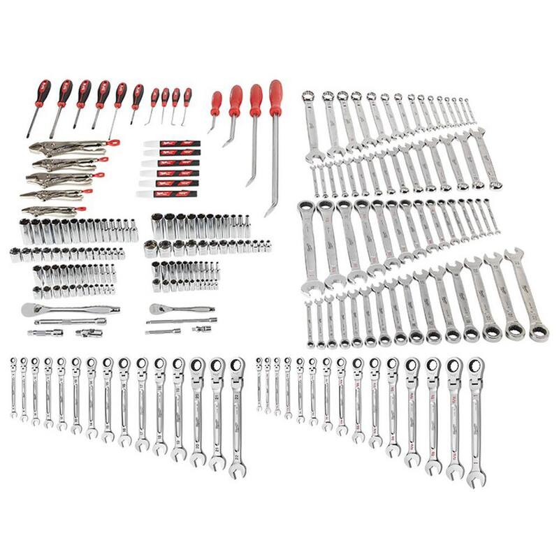 Set de herramientas de mecánico de Milwaukee con Llaves Combinadas de Trinquete de Cabeza Flexible de 144 posiciones en SAE y Métrico (221 piezas) - 48-22-9489-48-22-9513-48-22-9413.