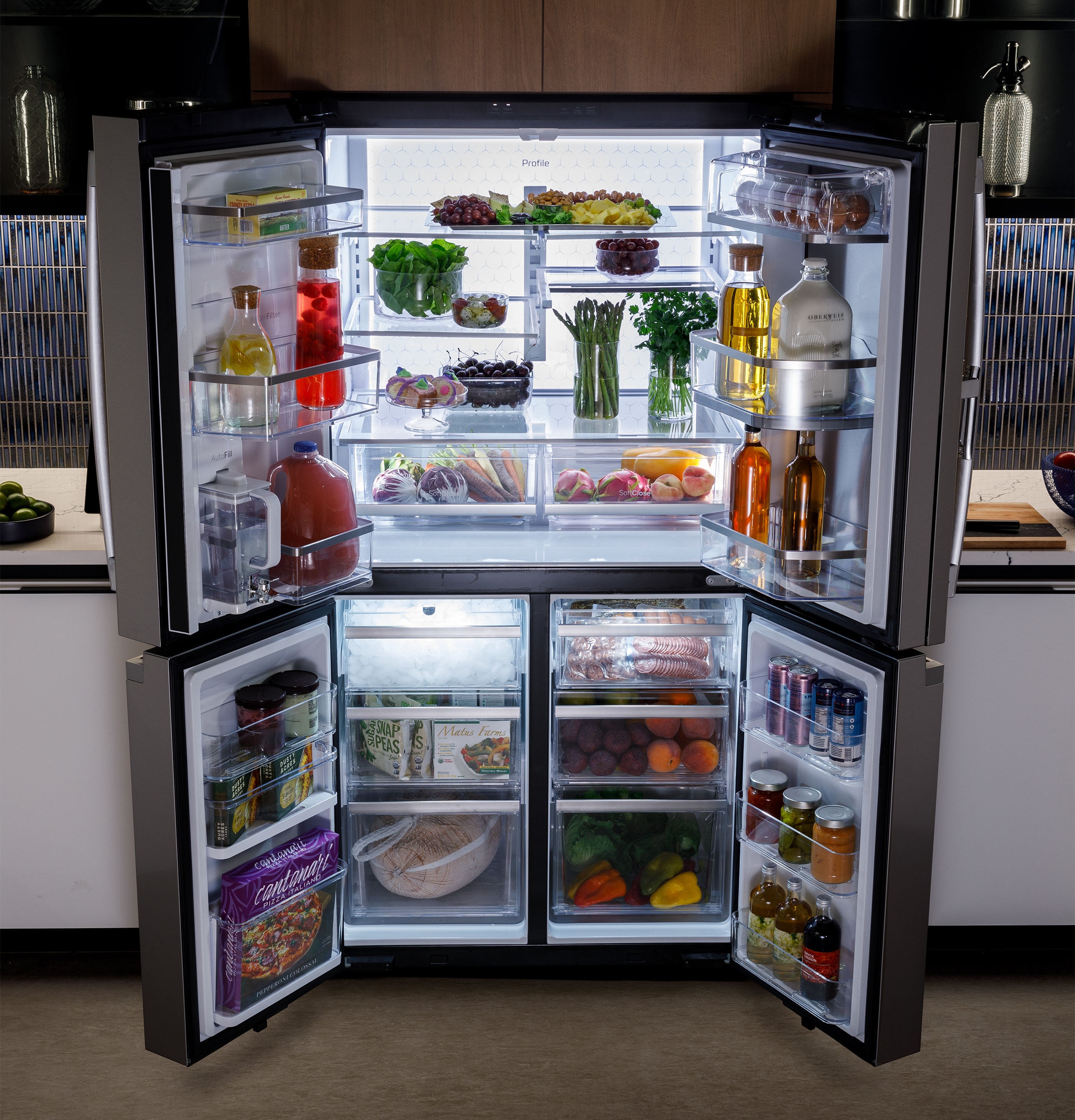 Refrigerador Francés de 4 puertas con dispensador de hielo y agua, y puerta dentro de puerta, resistente a huellas dactilares, certificado ENERGY STAR GE Profile de 28 pies cúbicos de profundidad estándar y compatible con tecnología inteligente_PAD28BYTFS