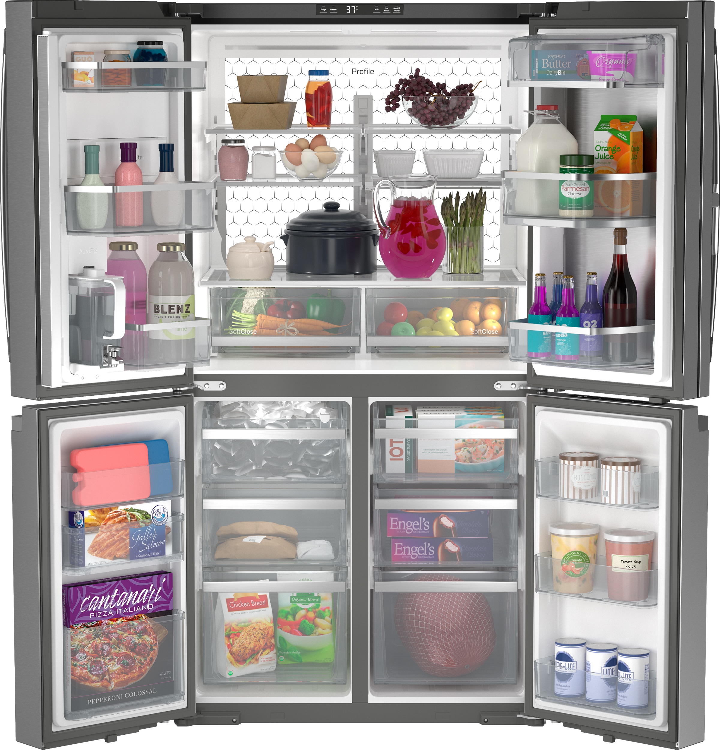 Refrigerador Francés de 4 puertas con dispensador de hielo y agua, y puerta dentro de puerta, resistente a huellas dactilares, certificado ENERGY STAR GE Profile de 28 pies cúbicos de profundidad estándar y compatible con tecnología inteligente_PAD28BYTFS