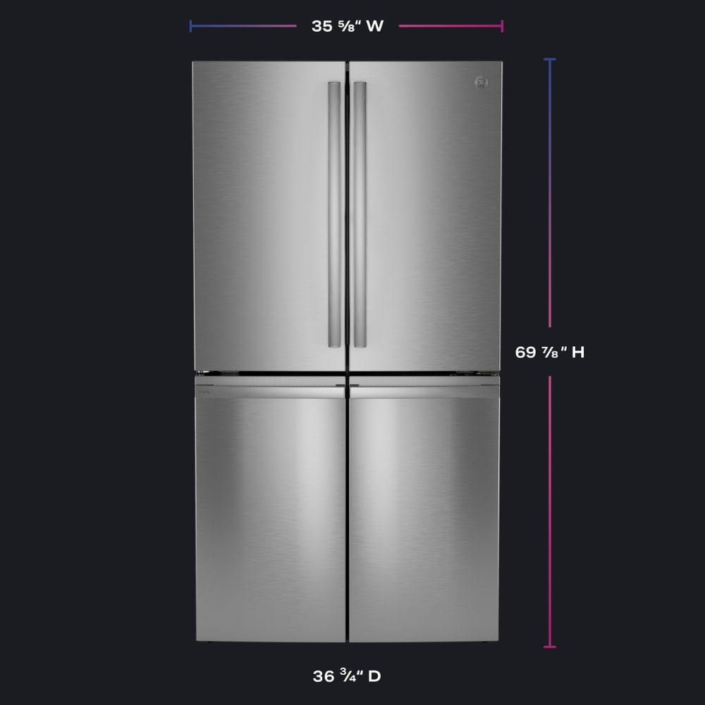 Refrigerador Francés de 4 puertas con dispensador de hielo y agua, y puerta dentro de puerta, resistente a huellas dactilares, certificado ENERGY STAR GE Profile de 28 pies cúbicos de profundidad estándar y compatible con tecnología inteligente_PAD28BYTFS