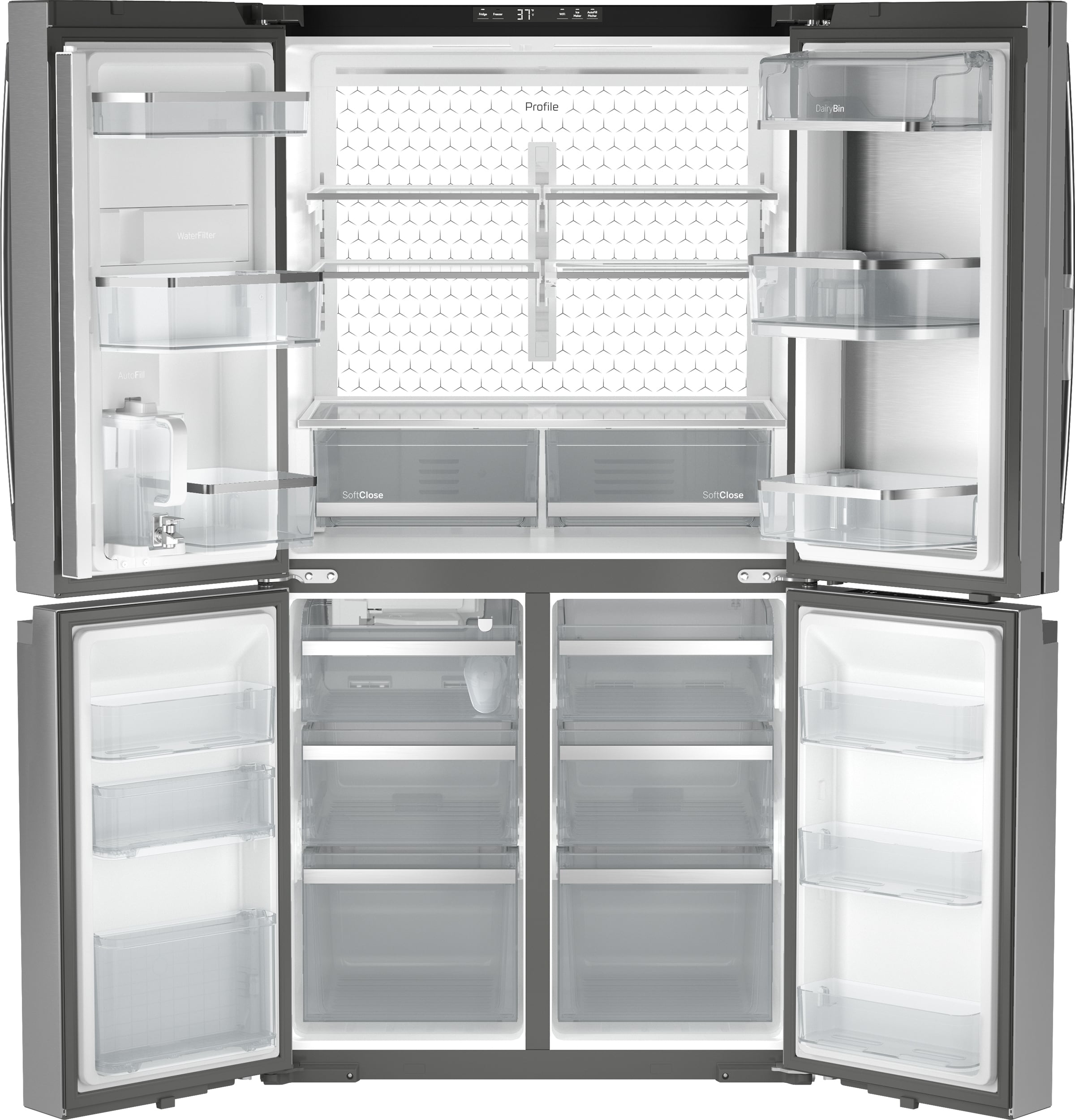 Refrigerador Francés de 4 puertas con dispensador de hielo y agua, y puerta dentro de puerta, resistente a huellas dactilares, certificado ENERGY STAR GE Profile de 28 pies cúbicos de profundidad estándar y compatible con tecnología inteligente_PAD28BYTFS