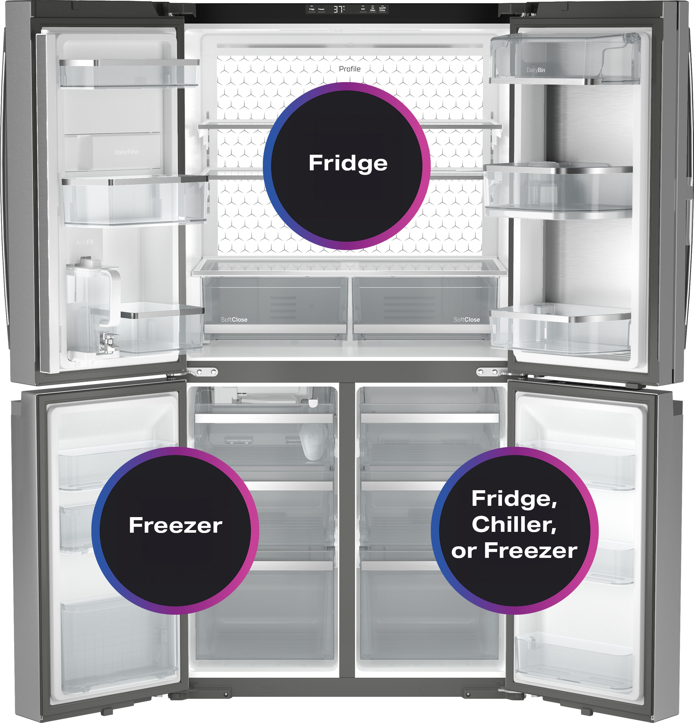 Refrigerador Francés de 4 puertas con dispensador de hielo y agua, y puerta dentro de puerta, resistente a huellas dactilares, certificado ENERGY STAR GE Profile de 28 pies cúbicos de profundidad estándar y compatible con tecnología inteligente_PAD28BYTFS