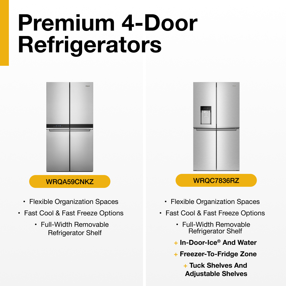 Refrigerador francés de 4 puertas Whirlpool de 19.2 pies cúbicos de profundidad de mostrador con fabricador de hielo y dispensador de agua e hielo (Acero Inoxidable resistente a huellas dactilares) WRQC7836RZ