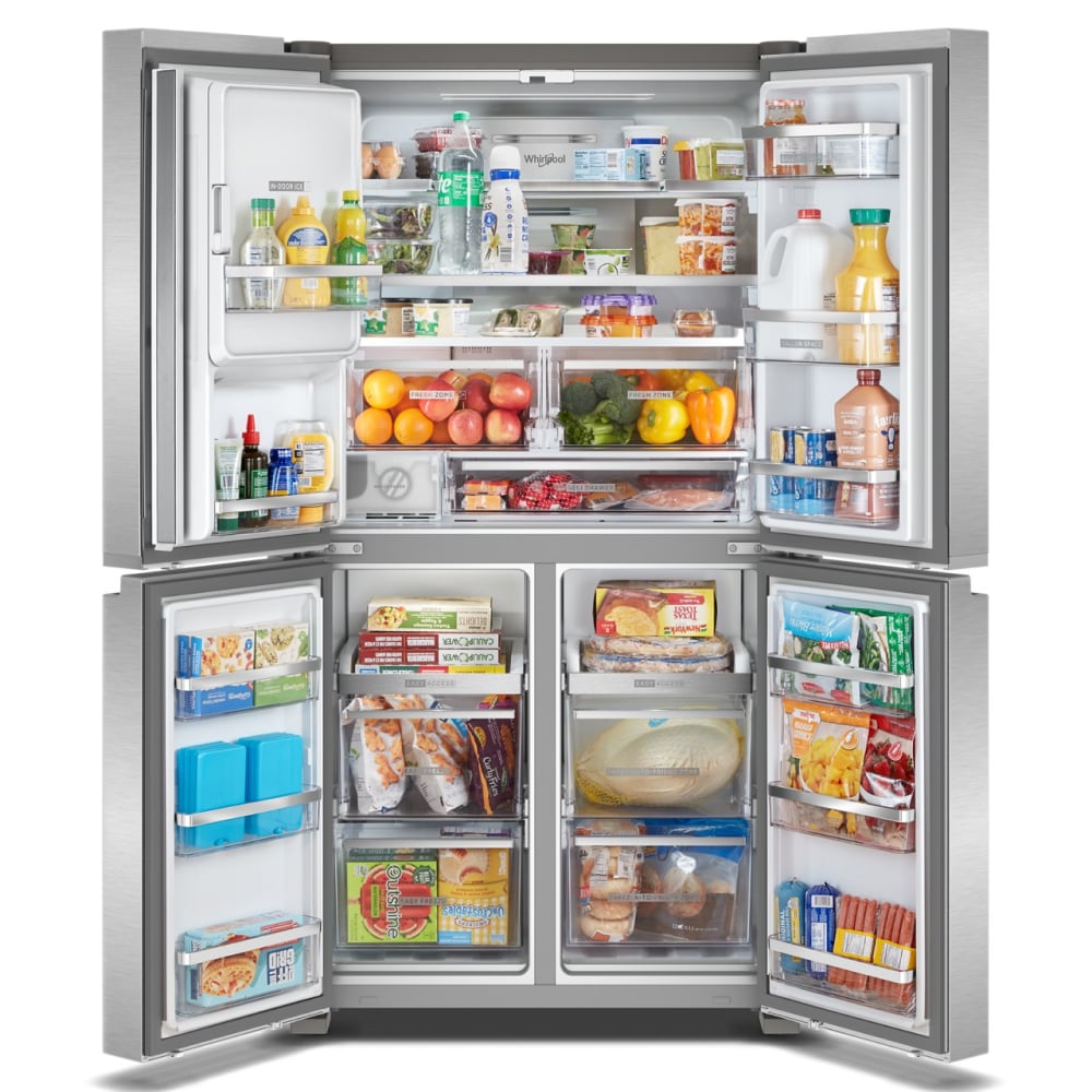 Refrigerador francés de 4 puertas Whirlpool de 19.2 pies cúbicos de profundidad de mostrador con fabricador de hielo y dispensador de agua e hielo (Acero Inoxidable resistente a huellas dactilares) WRQC7836RZ