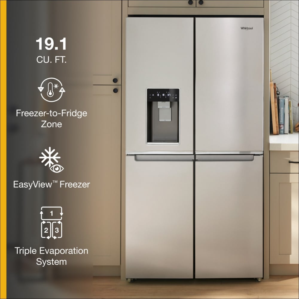 Refrigerador francés de 4 puertas Whirlpool de 19.2 pies cúbicos de profundidad de mostrador con fabricador de hielo y dispensador de agua e hielo (Acero Inoxidable resistente a huellas dactilares) WRQC7836RZ