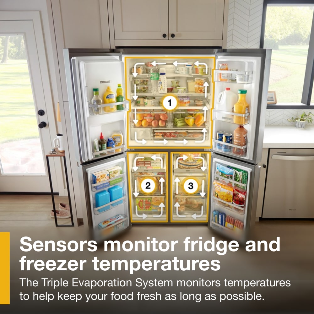 Refrigerador francés de 4 puertas Whirlpool de 19.2 pies cúbicos de profundidad de mostrador con fabricador de hielo y dispensador de agua e hielo (Acero Inoxidable resistente a huellas dactilares) WRQC7836RZ
