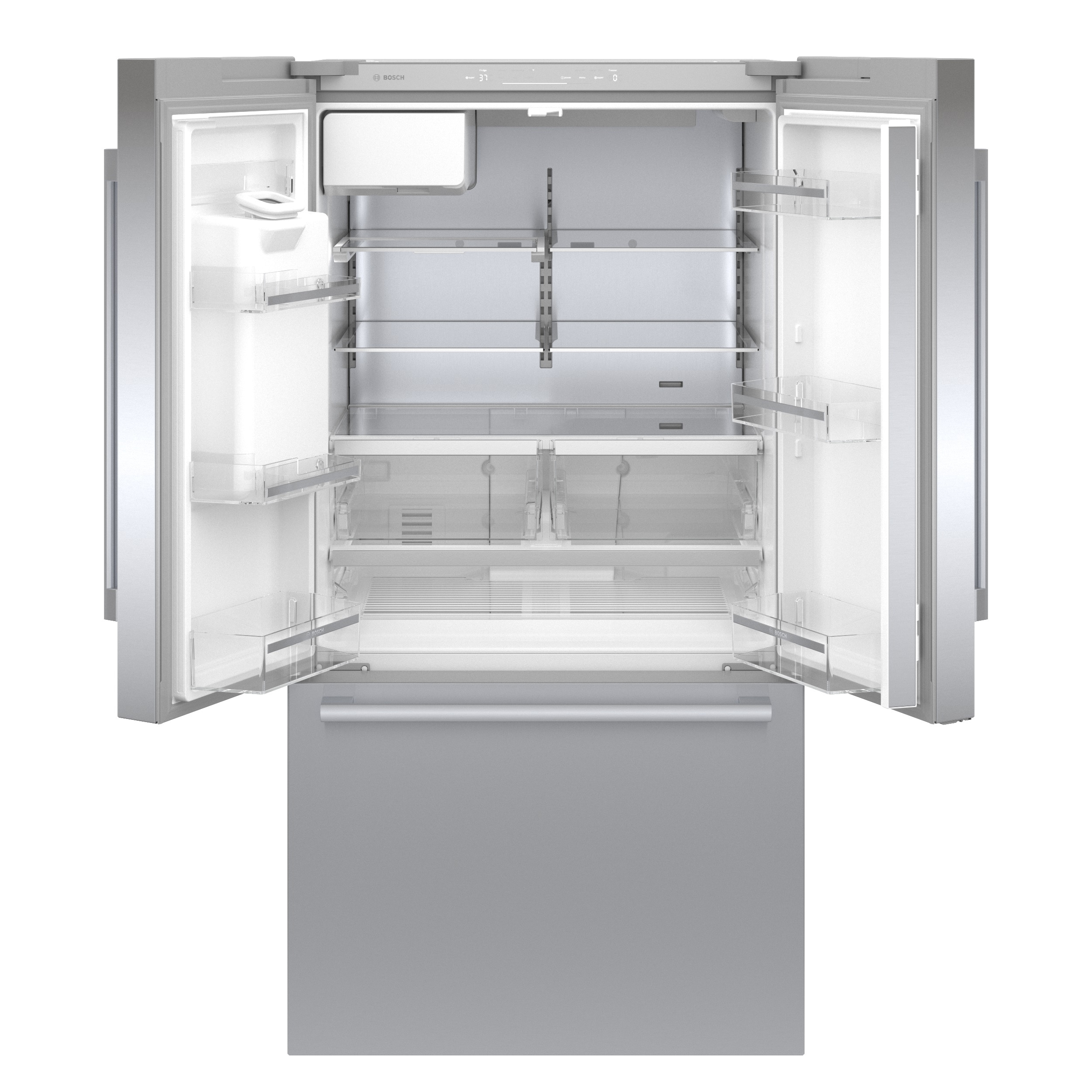 Refrigerador francés Bosch de la Serie 500 de 26 pies cúbicos de profundidad estándar con 3 puertas y compatible con tecnología inteligente, fabricador de hielo y dispensador de agua y hielo (acero inoxidable) certificado ENERGY STAR B36FD50SNS.