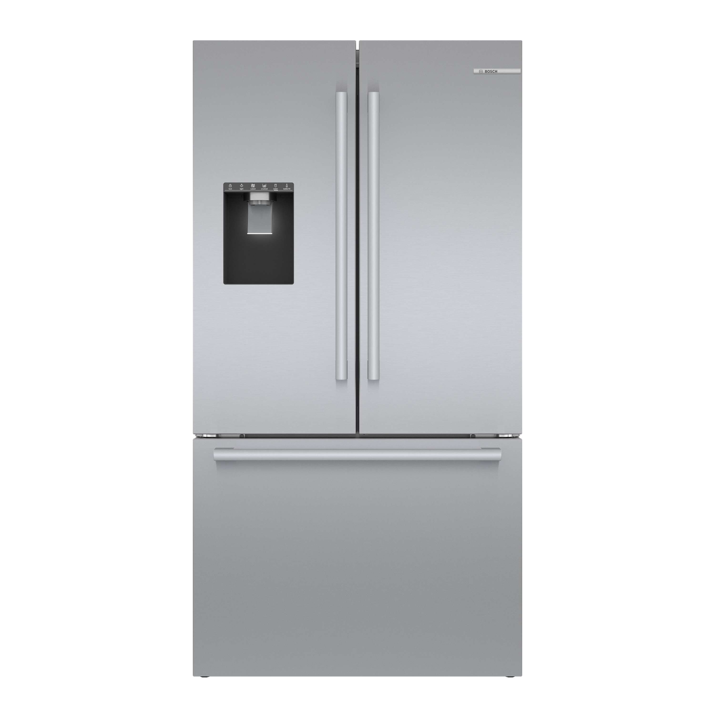 Refrigerador francés Bosch de la Serie 500 de 26 pies cúbicos de profundidad estándar con 3 puertas y compatible con tecnología inteligente, fabricador de hielo y dispensador de agua y hielo (acero inoxidable) certificado ENERGY STAR B36FD50SNS.