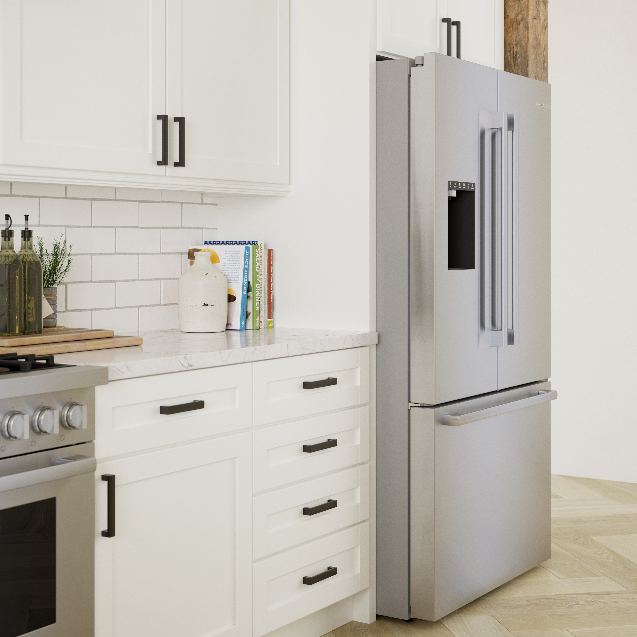 Refrigerador francés Bosch de la Serie 500 de 26 pies cúbicos de profundidad estándar con 3 puertas y compatible con tecnología inteligente, fabricador de hielo y dispensador de agua y hielo (acero inoxidable) certificado ENERGY STAR B36FD50SNS.
