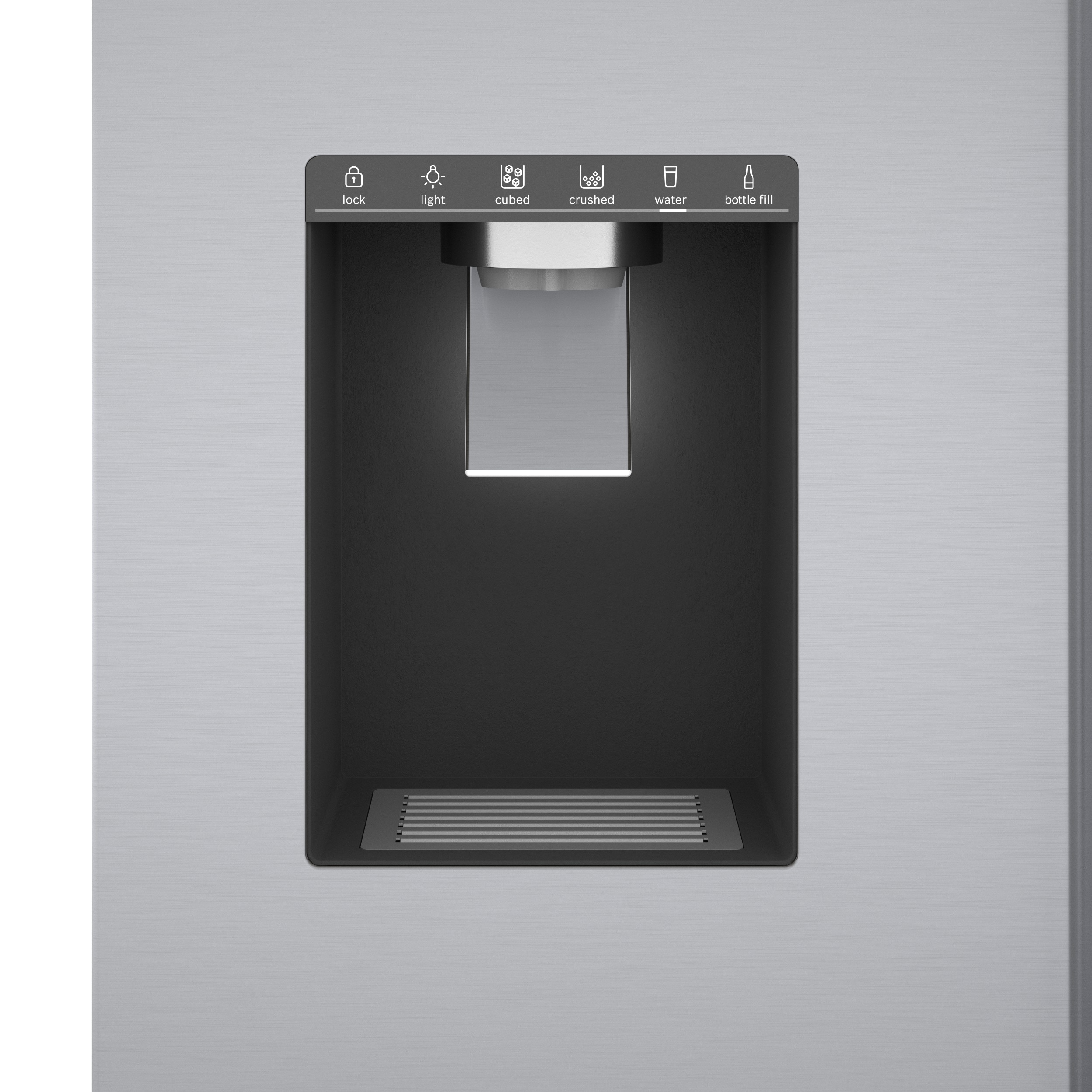 Refrigerador francés Bosch de la Serie 500 de 26 pies cúbicos de profundidad estándar con 3 puertas y compatible con tecnología inteligente, fabricador de hielo y dispensador de agua y hielo (acero inoxidable) certificado ENERGY STAR B36FD50SNS.