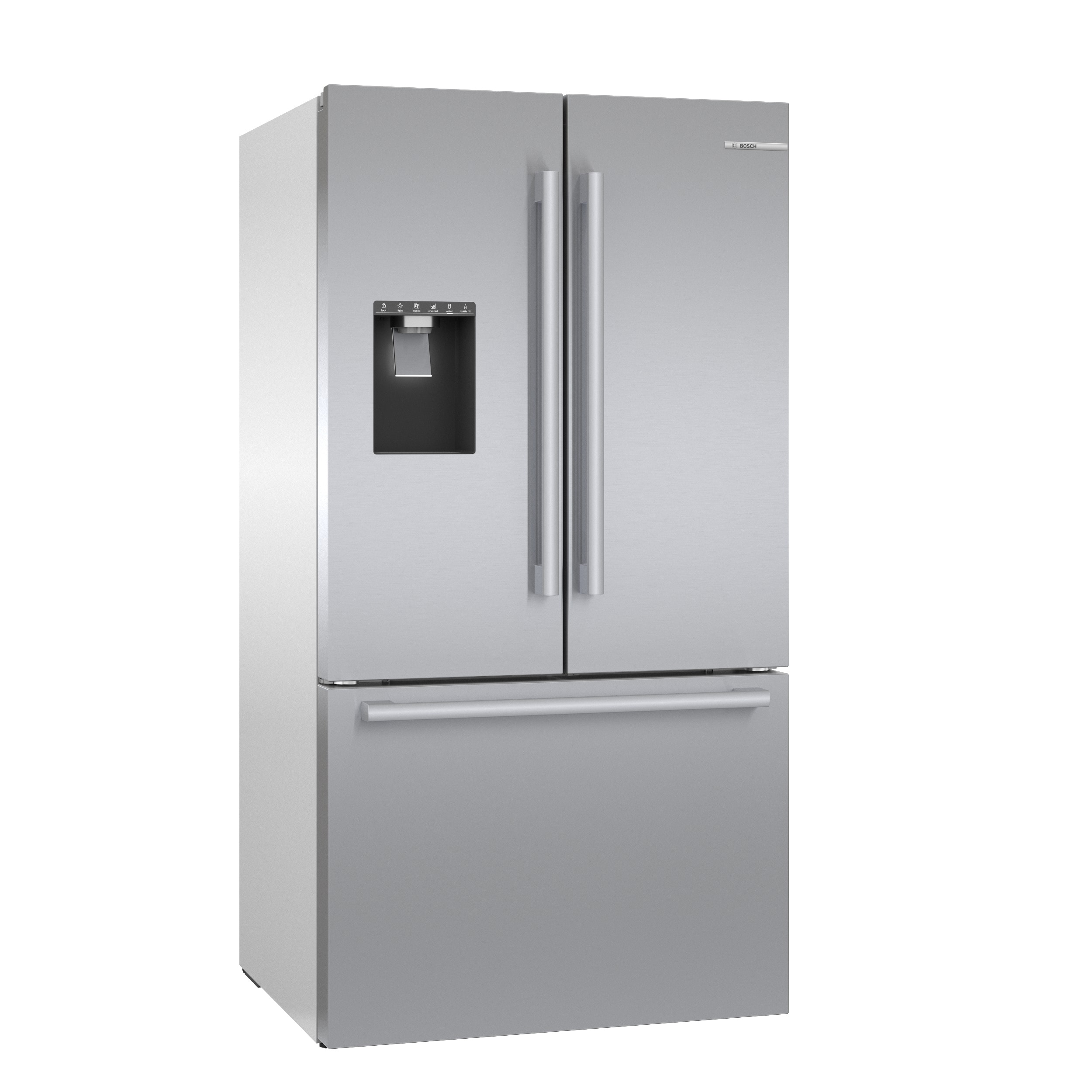 Refrigerador francés Bosch de la Serie 500 de 26 pies cúbicos de profundidad estándar con 3 puertas y compatible con tecnología inteligente, fabricador de hielo y dispensador de agua y hielo (acero inoxidable) certificado ENERGY STAR B36FD50SNS.