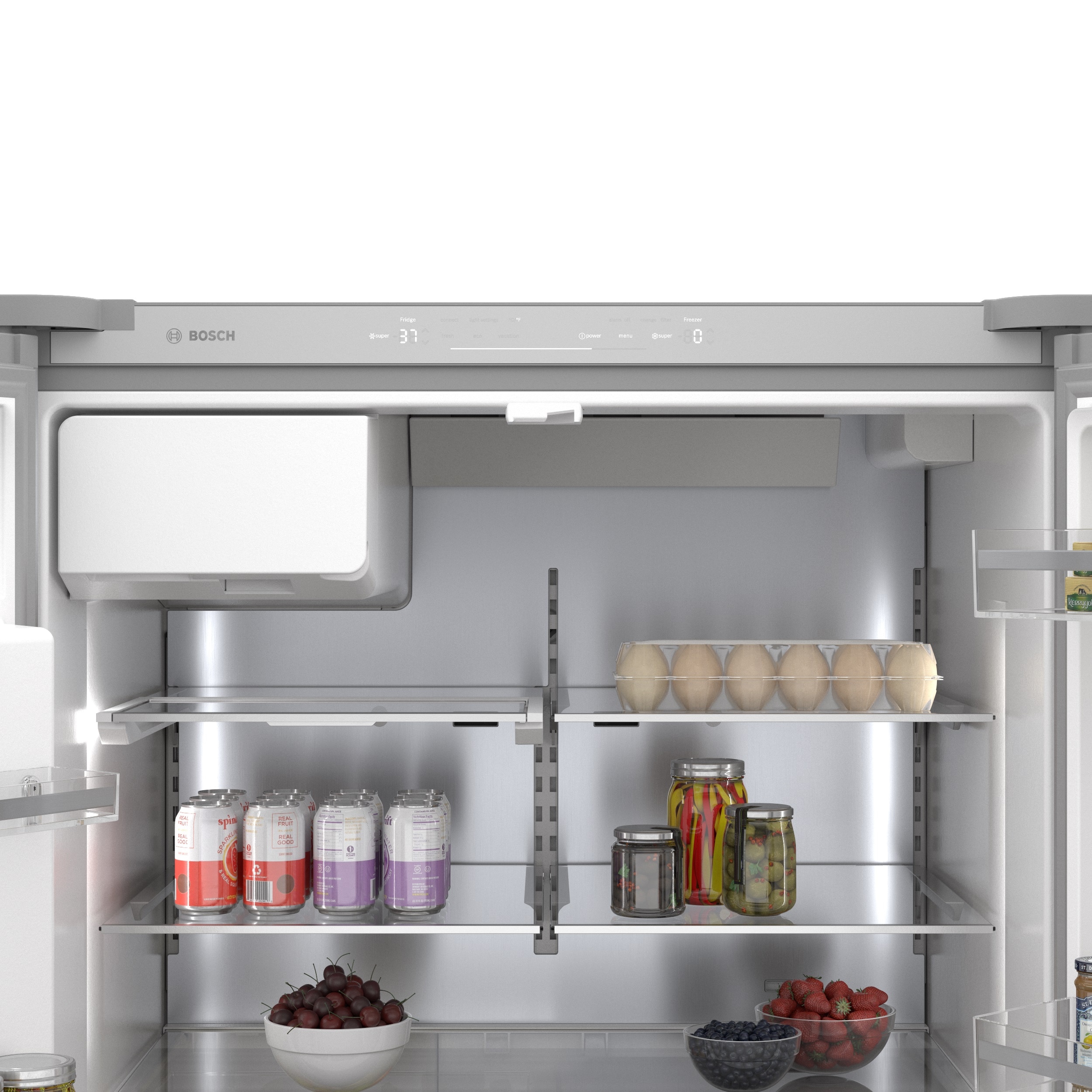 Refrigerador francés Bosch de la Serie 500 de 26 pies cúbicos de profundidad estándar con 3 puertas y compatible con tecnología inteligente, fabricador de hielo y dispensador de agua y hielo (acero inoxidable) certificado ENERGY STAR B36FD50SNS.