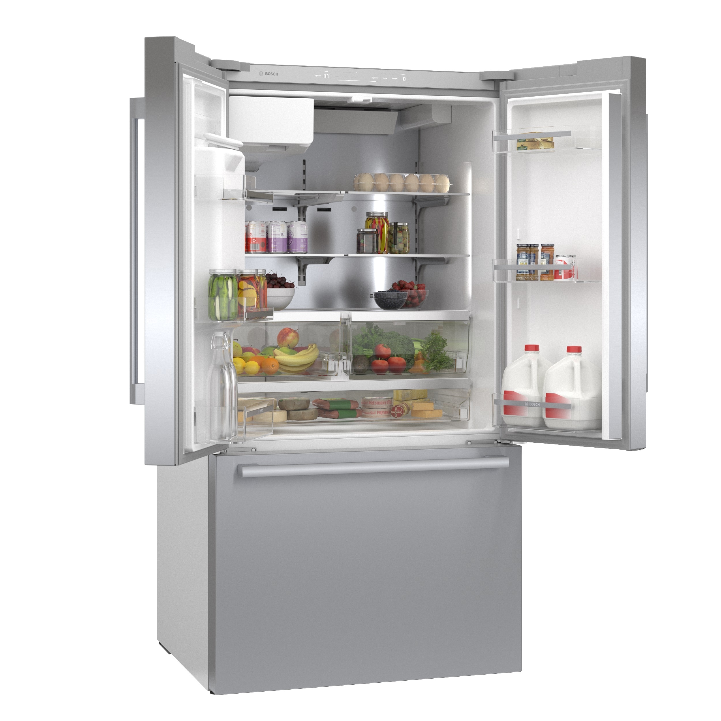 Refrigerador francés Bosch de la Serie 500 de 26 pies cúbicos de profundidad estándar con 3 puertas y compatible con tecnología inteligente, fabricador de hielo y dispensador de agua y hielo (acero inoxidable) certificado ENERGY STAR B36FD50SNS.