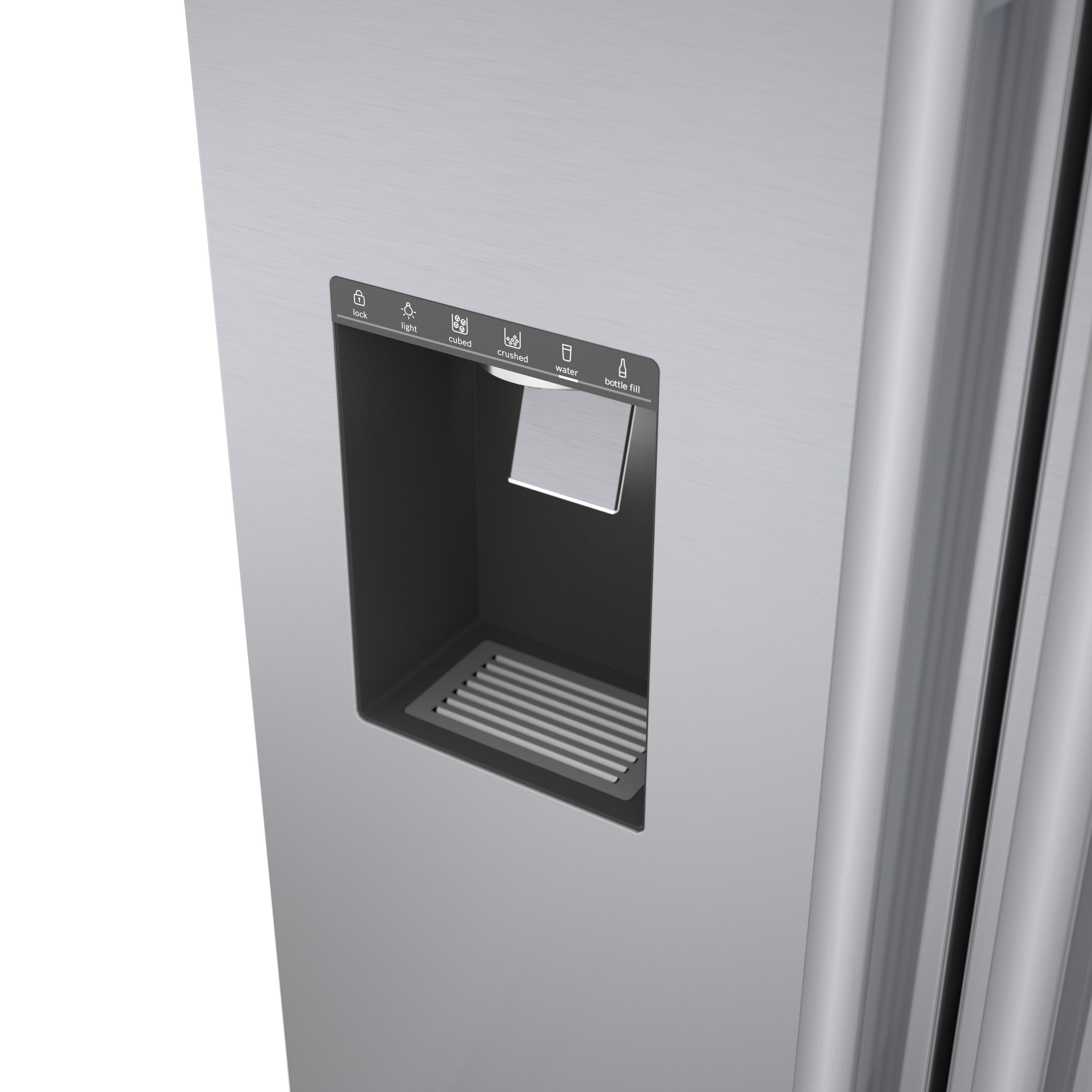 Refrigerador francés Bosch de la Serie 500 de 26 pies cúbicos de profundidad estándar con 3 puertas y compatible con tecnología inteligente, fabricador de hielo y dispensador de agua y hielo (acero inoxidable) certificado ENERGY STAR B36FD50SNS.