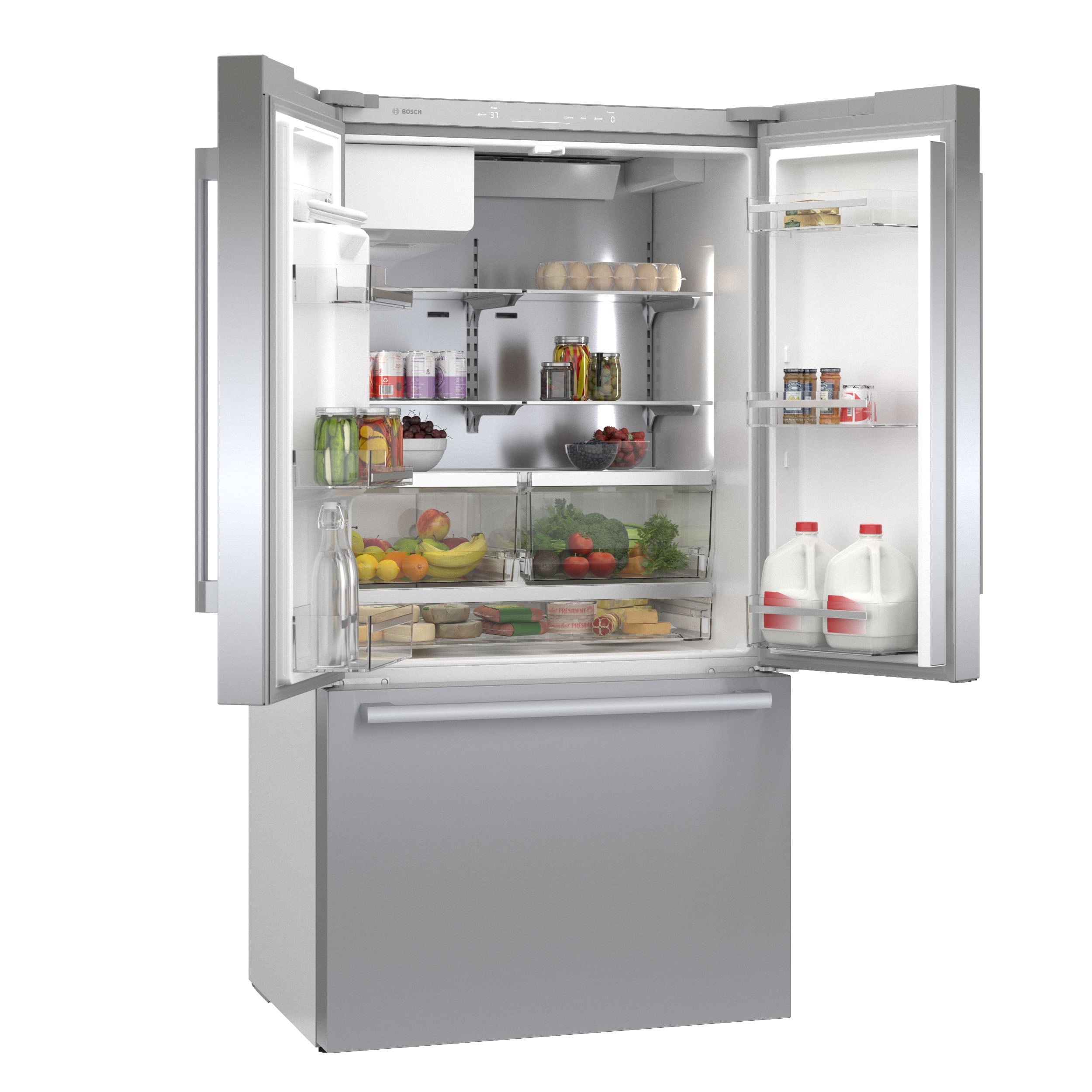 Refrigerador francés de puerta triple compatible con Smart de la serie 500 de Bosch de profundidad de mostrador con fabricador de hielo, dispensador de agua e hielo (Acero inoxidable) Certificado ENERGY STAR B36CD50SNS