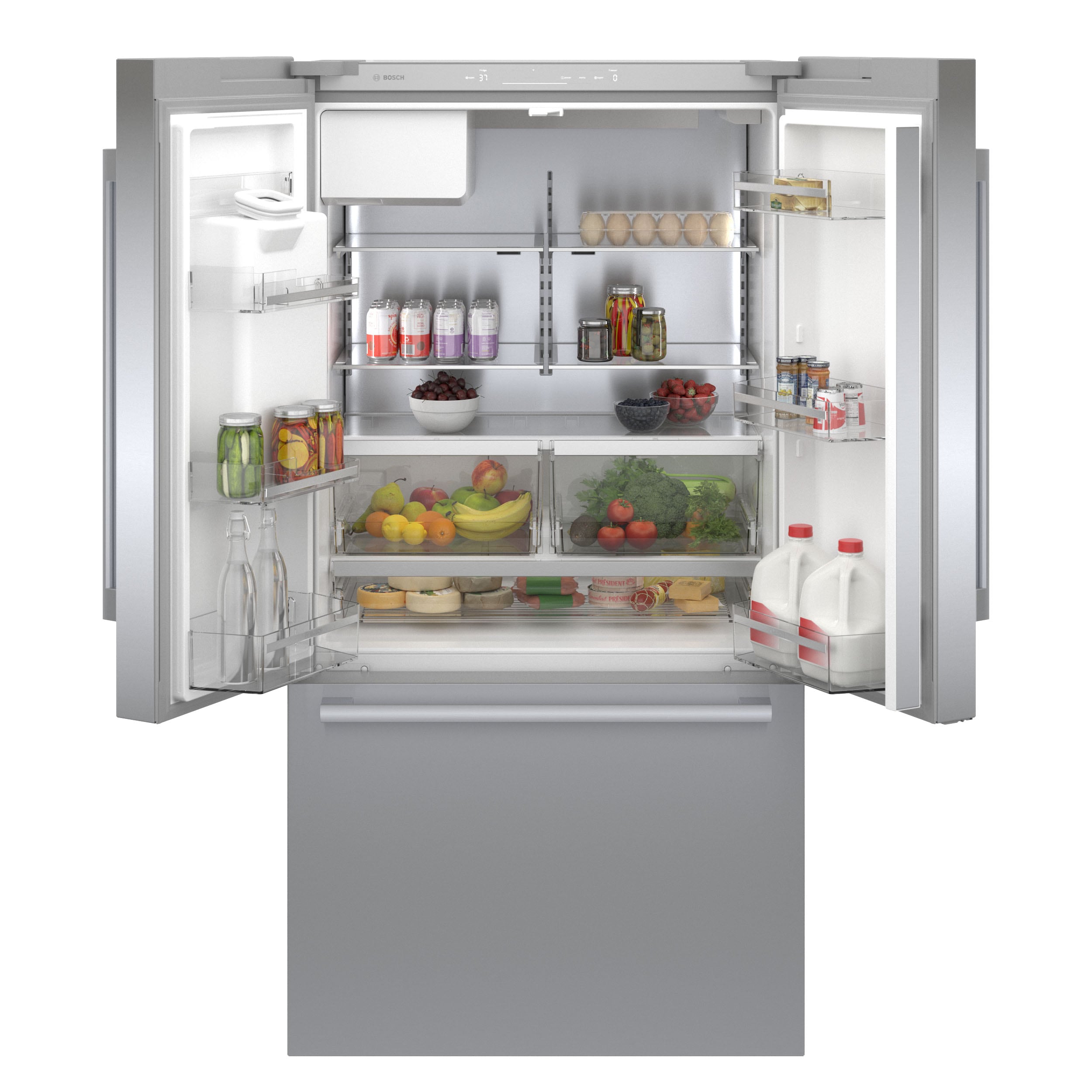 Refrigerador francés de puerta triple compatible con Smart de la serie 500 de Bosch de profundidad de mostrador con fabricador de hielo, dispensador de agua e hielo (Acero inoxidable) Certificado ENERGY STAR B36CD50SNS