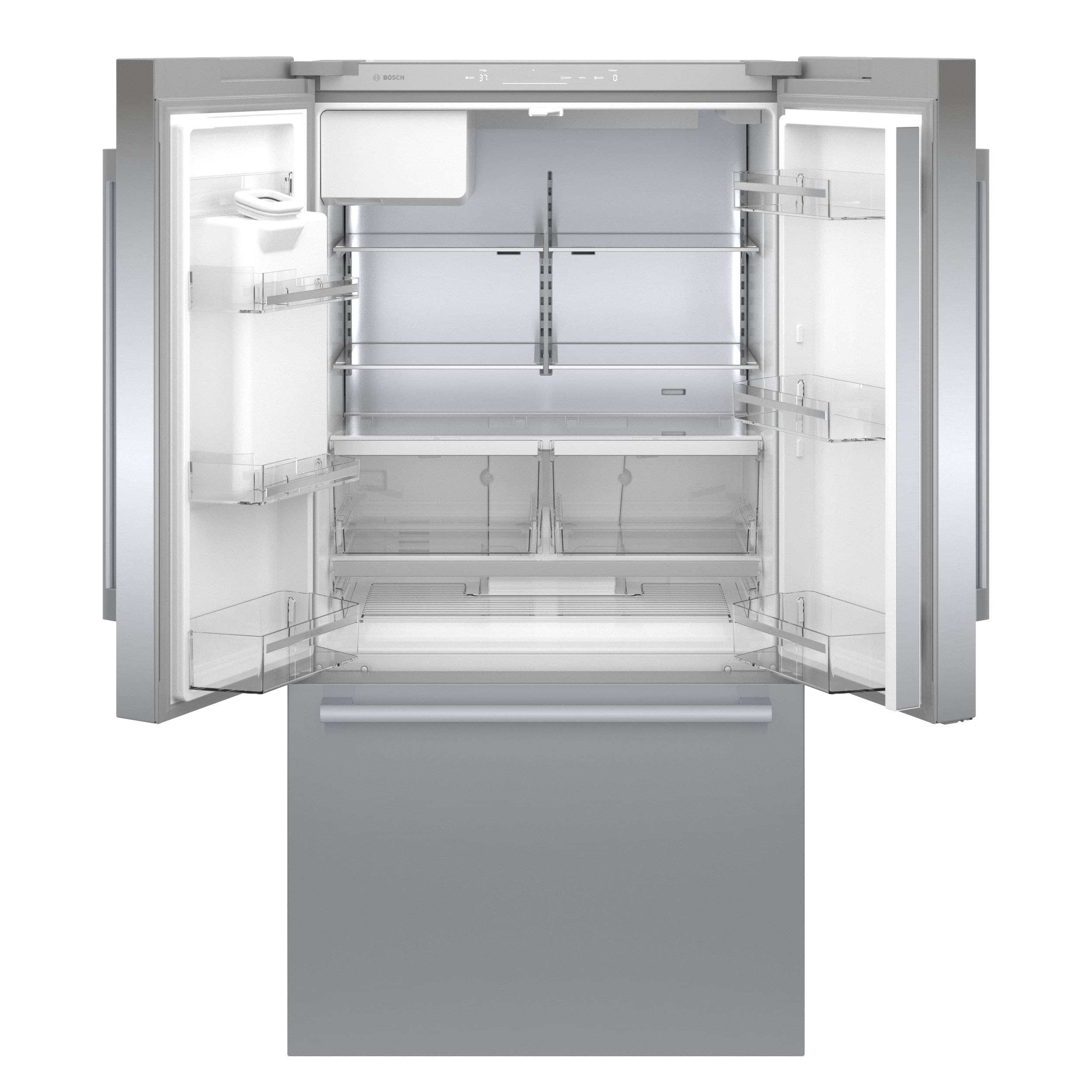Refrigerador francés de puerta triple compatible con Smart de la serie 500 de Bosch de profundidad de mostrador con fabricador de hielo, dispensador de agua e hielo (Acero inoxidable) Certificado ENERGY STAR B36CD50SNS