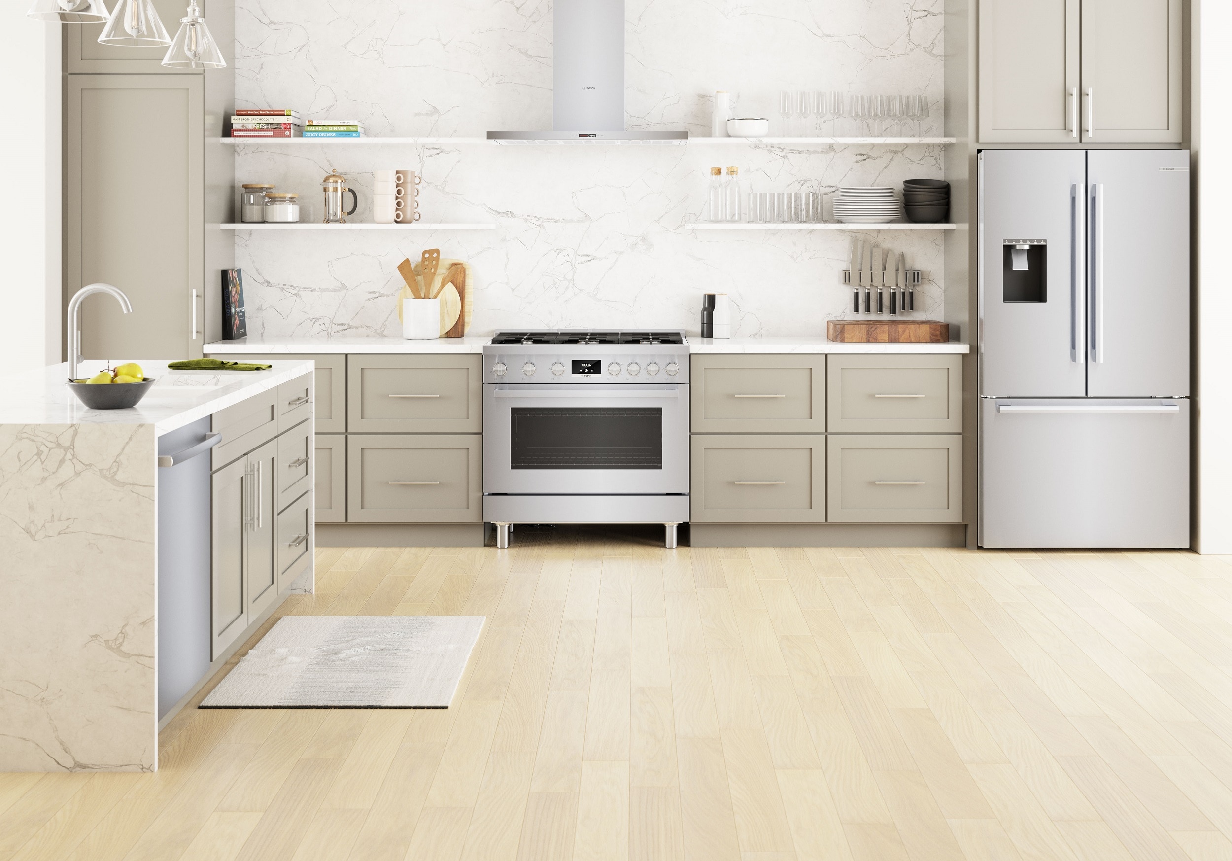 Refrigerador francés de puerta triple compatible con Smart de la serie 500 de Bosch de profundidad de mostrador con fabricador de hielo, dispensador de agua e hielo (Acero inoxidable) Certificado ENERGY STAR B36CD50SNS