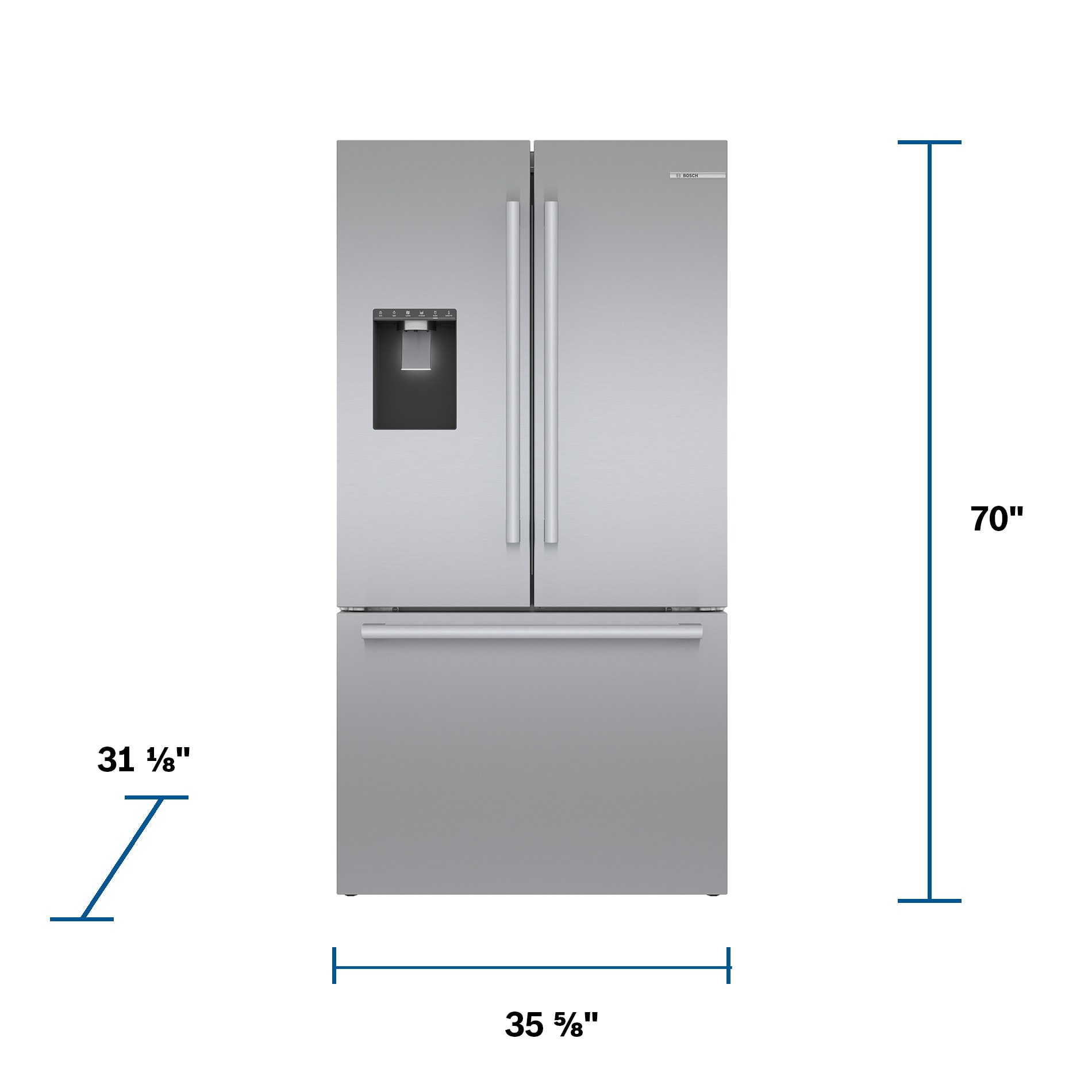 Refrigerador francés de puerta triple compatible con Smart de la serie 500 de Bosch de profundidad de mostrador con fabricador de hielo, dispensador de agua e hielo (Acero inoxidable) Certificado ENERGY STAR B36CD50SNS