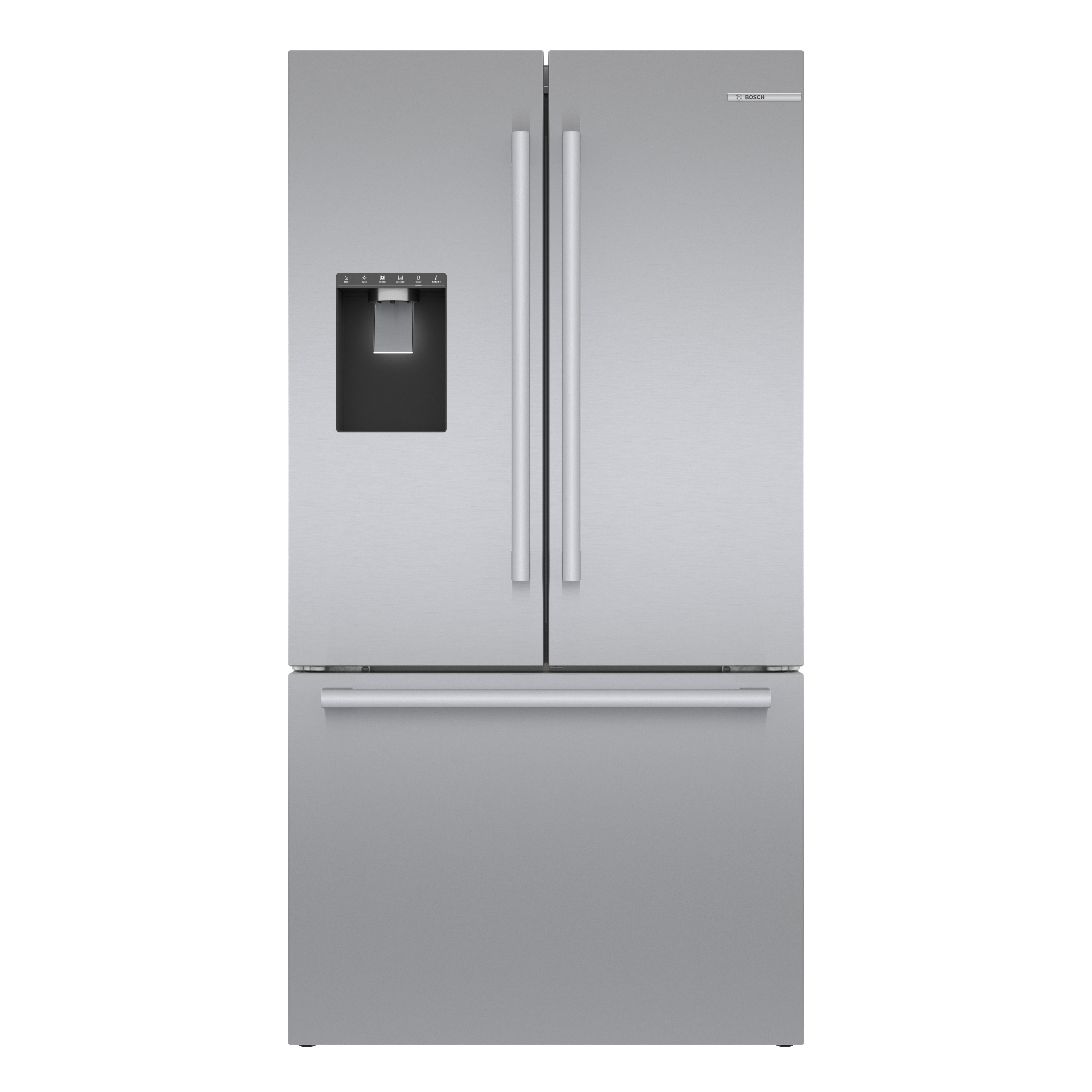 Refrigerador francés de puerta triple compatible con Smart de la serie 500 de Bosch de profundidad de mostrador con fabricador de hielo, dispensador de agua e hielo (Acero inoxidable) Certificado ENERGY STAR B36CD50SNS